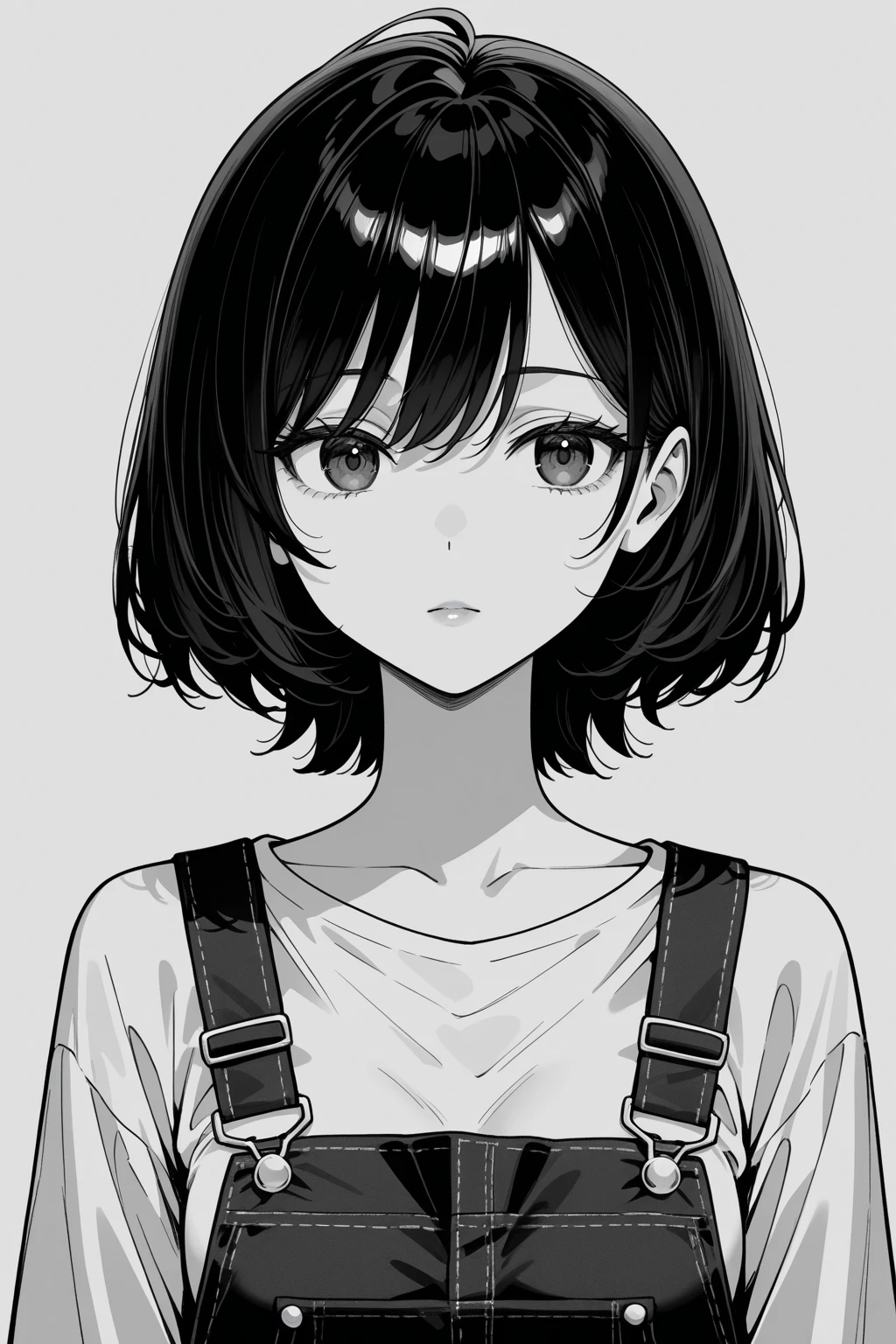 1 boyish girl, solo, monochrome, greyscale, short black hair, portrait, T-shirt, closed mouth, looking at viewer, sketch, graphite \(medium\), detailed lips, hatching \(texture\), without makeup, bangs, upper body, (best illustration), (best quality), (very detailed), (masterpiece), expressionless, bags under eyes, 