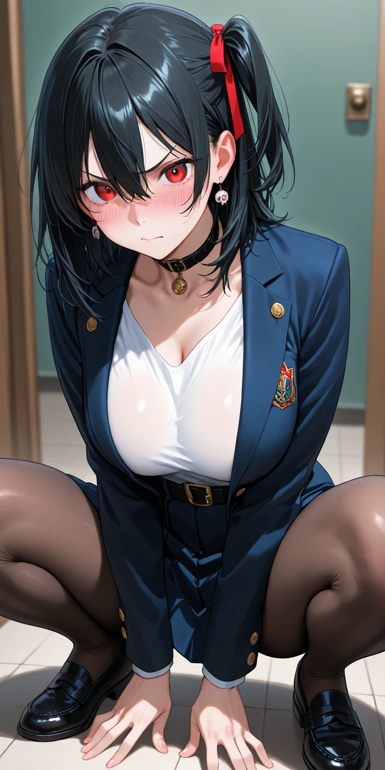 Rukia , 1girl , anime , masterpiece , Black color hair, jaqueta aberta open clothes ,flat chest ,no bra, pantie , long socks, angry face ,blush , belly button piercing .