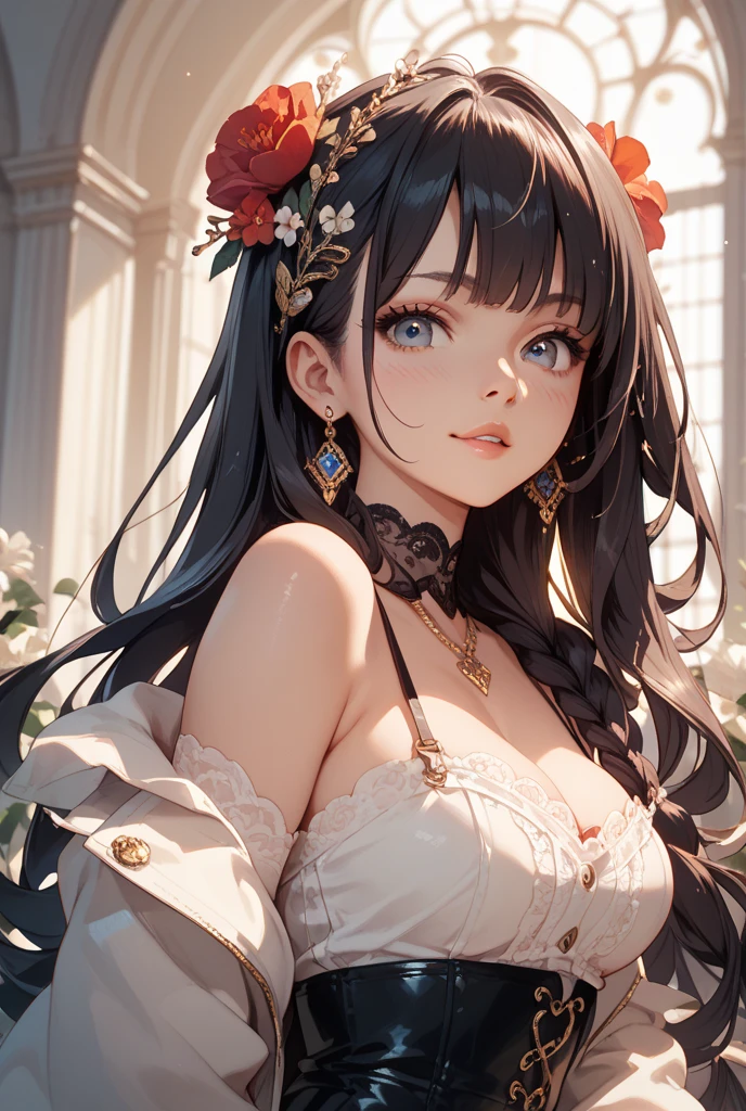 masterpiece, best quality, depth of field, extremely detailed hottie girl in foreground, full body view, wreath, afternoon tea cafe, ultra-detailed, illustration, detailed light, beautiful detailed eyes, sharp focus, long eyelashes, moonlight, watercolor, kawaii, slit pupils, glitter hair,  hair, floating hair, long hair, Miscellaneous Cafe background, sharp focus, glossy lips, forehead, brow, from side, glossy skin, backlighting high-quality, high-res