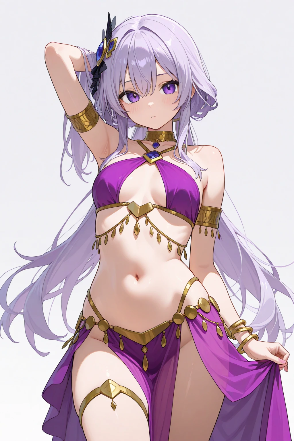 young girl, long gray hair, elf ears, Green eyes, smirk, tattoo, purple dress, Gold Elements, Sexy, Sleeveless, open breasts, flat chest, open belly, feet shoulder-width apart, hands behind head, Masterpiece, hiquality, 4k, HD, Good detail