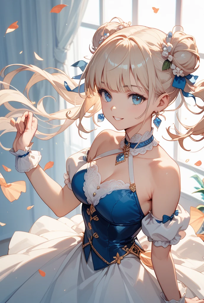 ((Barbara_Genshin Impact)):1.5,((masterpiece:1.5, Highest quality, Highly detailed images, Beautiful images)). (Barbara images, Hanging Garden、Bright natural light throughout、Backlight、A fantastic atmosphere、Dust flutters、background:ruins), (Barbaraの全身像、from side)、(Beautiful Eyes:1.68、Mid-chest、Great cleavage), (smile、Wink、Close one eye、stand)