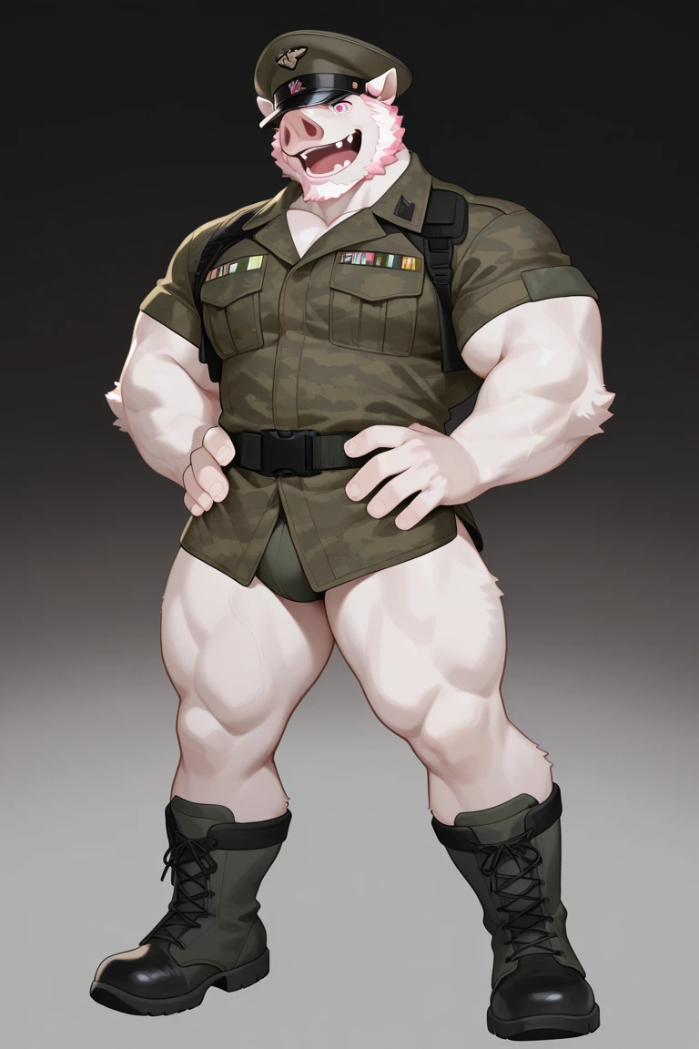 best quality,masterpiece,1boy, men,A handsome,mature man. Looking at viewer, model shot. Brutalmass, giant, muscular physique, bulk. His features are well-proportioned and symmetrical,giving him a classic and handsome appearance. He is dressed in a custom-fitted army uniform, consisting of a camouflaged outfit, combat boots, and a military cap. Overall,the man exudes charisma,charm,and an air of sophistication and refinement.,Gothic,skyscraper,wood,