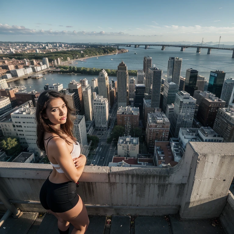 Femme géante aux fesses massives, assise, écrasant de minuscules bâtiments de la ville sous elle, souriant au spectateur, porter des vêtements serrés et déchirés, jambes massives, cuisses épaisses, assise sur une ville écrasant une ville sous son cul, joyeuse géante excitée, géante assise sur une ville, Géante latine, porter un haut court, porter un short court, géante sexy