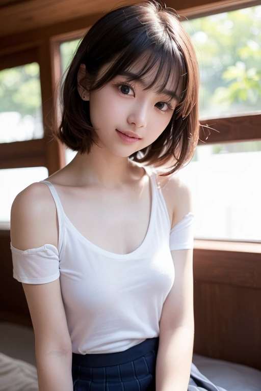 Two girls standing at ear window in school classroom,White dress,break,bangs,smile,Short hair with low pigtails,from before,Front light,((12 year old 、slender、delicate、Sexy clavicle and flat chest、Very small breasts))、My whole body is soaked、White dressが濡れてている、Her white  are visible from under her skirt