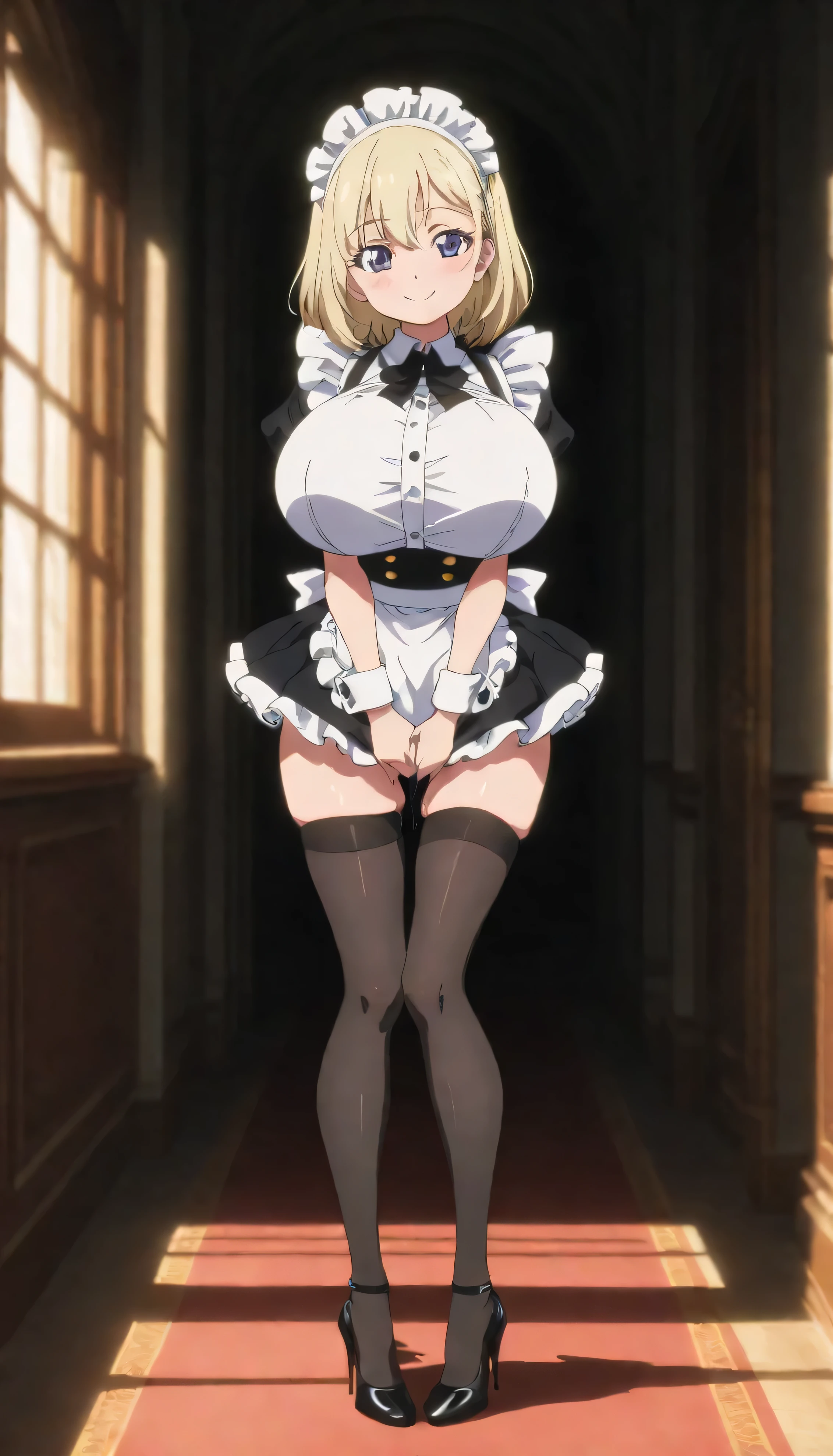 Anime. Young woman. Slave. Housemaid. Maid uniform. Slave collar. Shackles. Shoes. Big breasts. Clumsy. Cold. Runny nose. Allergy. Nasal mucus. Strong, desperate desire to sneeze. She sneezed. The right hand with a handkerchief covers the nose. Blows his nose. Covering the crotch tightly, knees together. Legs apart. Left hand between legs. Urinary incontinence. Strong, desperate urge to pee. She peed in her panties. She peed herself. Urine. Urine drips down her legs onto the floor. Diarrhea. Strong desperate urge to poop. She pooped in her panties. She shit herself. Poop falls to the ground coming out of her butt. The hem of the uniform is stained with urine and feces. The girl can't stand straight. Standing. All growth. Full body. Mansion. Living room. Ultra detail. High detailing, top quality.