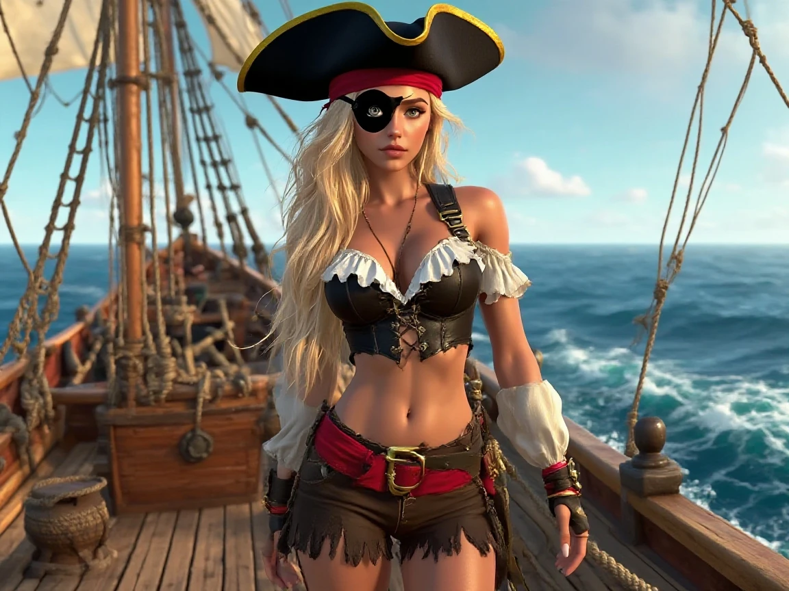 sexy blonde pirate ,blue eyes , young , flintlock pistol in hand , galleon , sea ,sexy brown and leather outfit