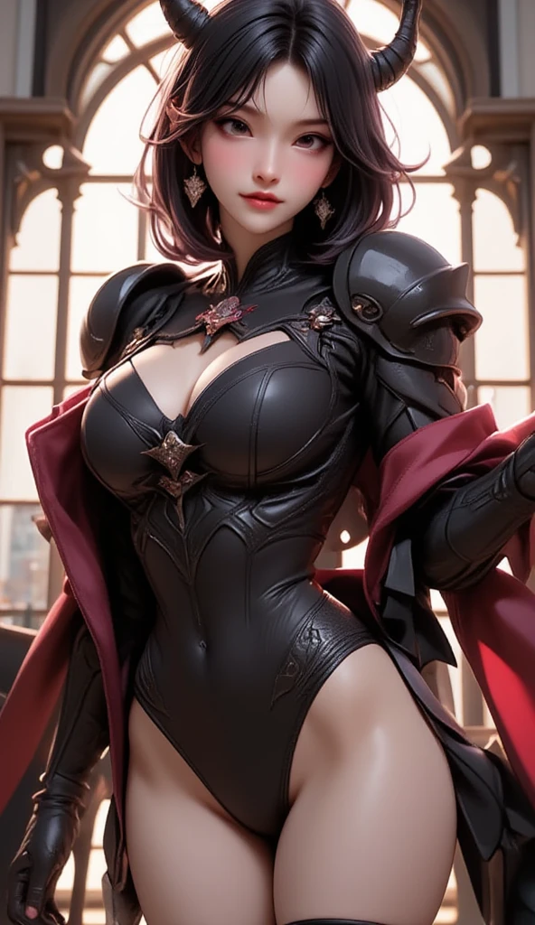 8k,ヴァンパイアの牙を持つGrey permed hair,Close-up of a queen with very large breasts(Ultra-realisticな肌), so beautiful(Like the real thing),Elf Ears,2. 5D CGIファンタジーアートワーク,Portrait of the Queen of the Underworld, Highly detailed art gems, Types of bacteria ; 3D Unreal Engine, demon queen, Big blow Loss Draw, Up to the model | Types of bacteria, Beautiful Succubus　Surreal　Exact details,Ultra-high resolution,Ultra-realistic,Luxurious red and black combat trousers,Sexy Costumes,Intricately crafted demon crest,A muscular and slim macho man,Muscular, slim-legged macho man,Rich colors, Backlight, Cinema Lighting, Film Grain, 50mm lens, Nikon D850,Ultra-high resolution,Ultra-realistic,compensate,Super sexy,smile,Super intense and has a strong abdominal muscle,Big eyes,Very large breasts,whole body muscular,,The supermarket is the moon,Dark purple eyeshadow,God of,Dark Purple Rouge,Sharp eyes,Golden Eyes,Red devil horns,Top view,close,Very large breastsの谷間を強調する,Gorgeous red and black long coat(Leather goods),Full body muscle pump,Grey permed hair,Flashy makeup,