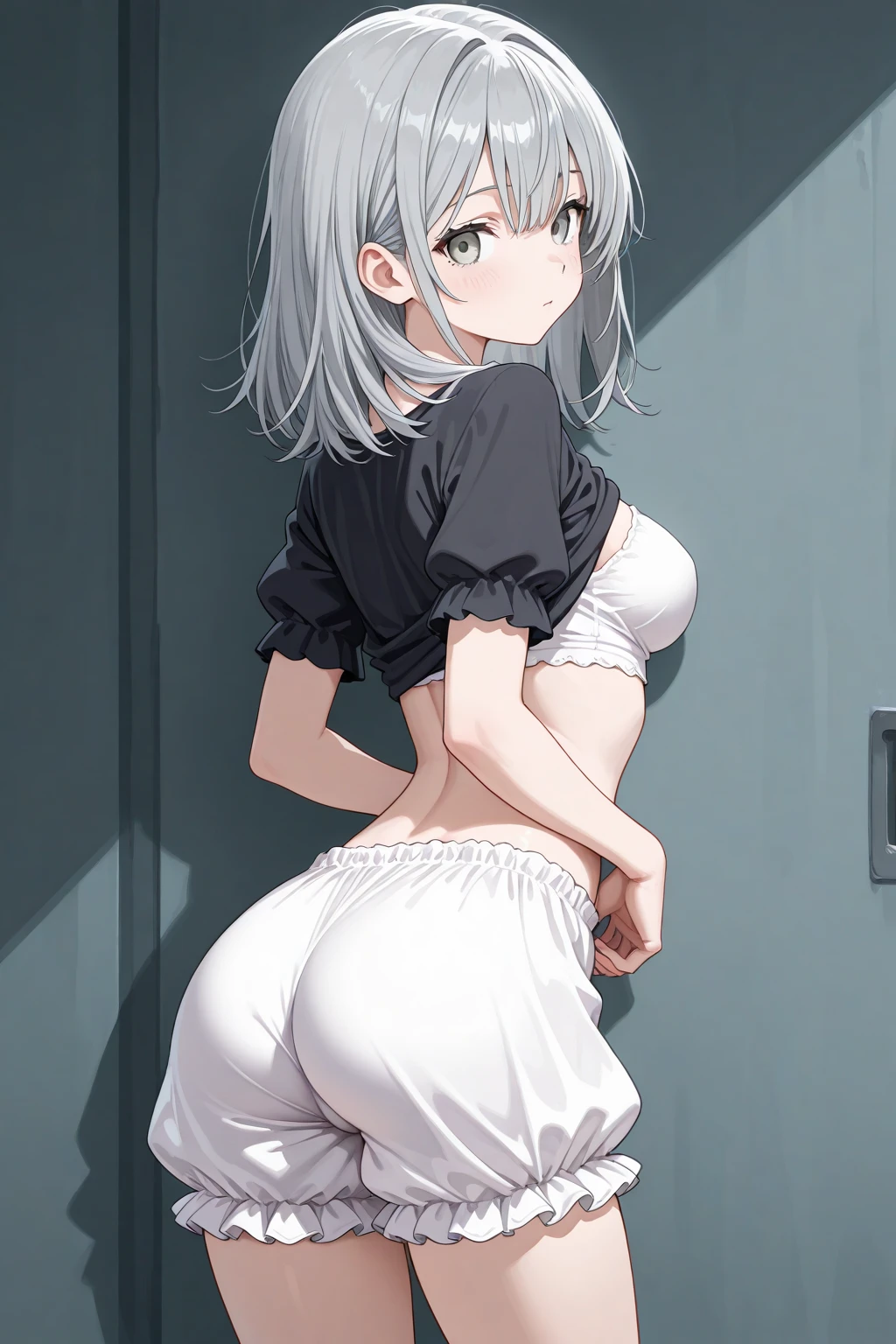 highest quality,10th generation women,beautiful japanese woman,fox ears,(whole body),(expression of suffering),in front of the toilet door,leaning forward,running,knock on the door,look down,(My stomach hurts),grab your ass,have diarrhea,shot from behind,silver hair,small breasts,(emphasize the buttocks),five fingers,toiletrec,toilet use, squat, bend down