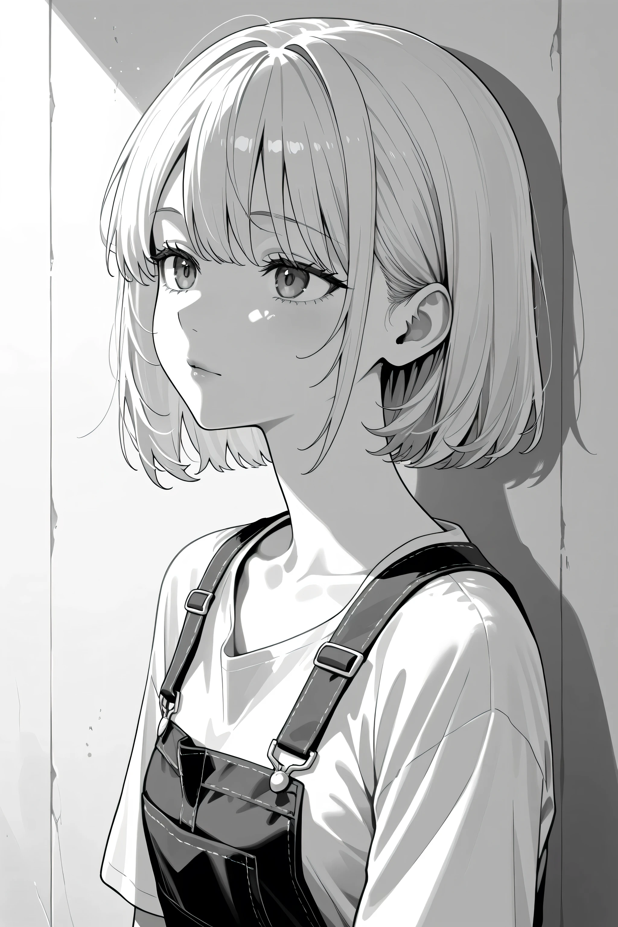 Black and white sketch of a young girl's face. the girl has shoulder-length hair that is styled in loose waves and falls over her shoulders. her lips are slightly parted, as if she is deep in thought. she has a small nose and a small mouth. the sketch is done in a loose, sketchy style with loose lines and shading. the overall mood of the image is peaceful and contemplative. Short hair