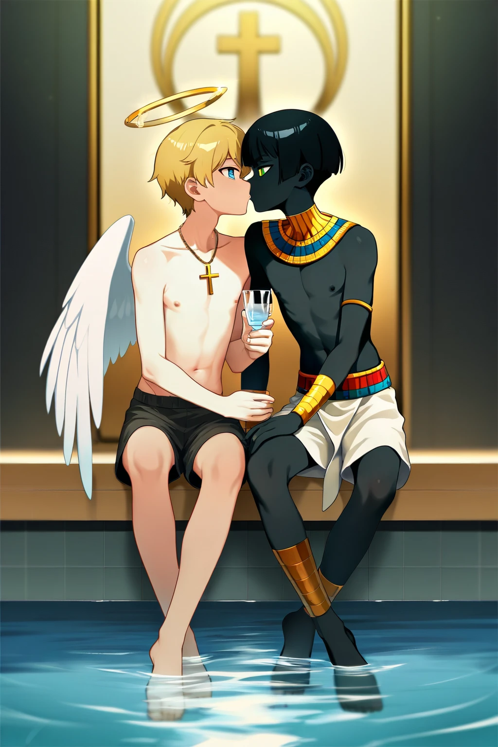 Two boys they are sitting on a golden bench and are kissing the boy on the left he is an angel he has curly blond hair blue eyes fair skin 2 pairs angel wings a halo on his head and is only wearing a white thong with gold the boy on the right is a demon having brown skin black hair horns red eyes 2 pairs demon wings he is wearing a gold necklace and gold bracelets they are only wearing a black thong with red details they are in a forest at night they are kissing passionately the image has to be in anime shota cute
