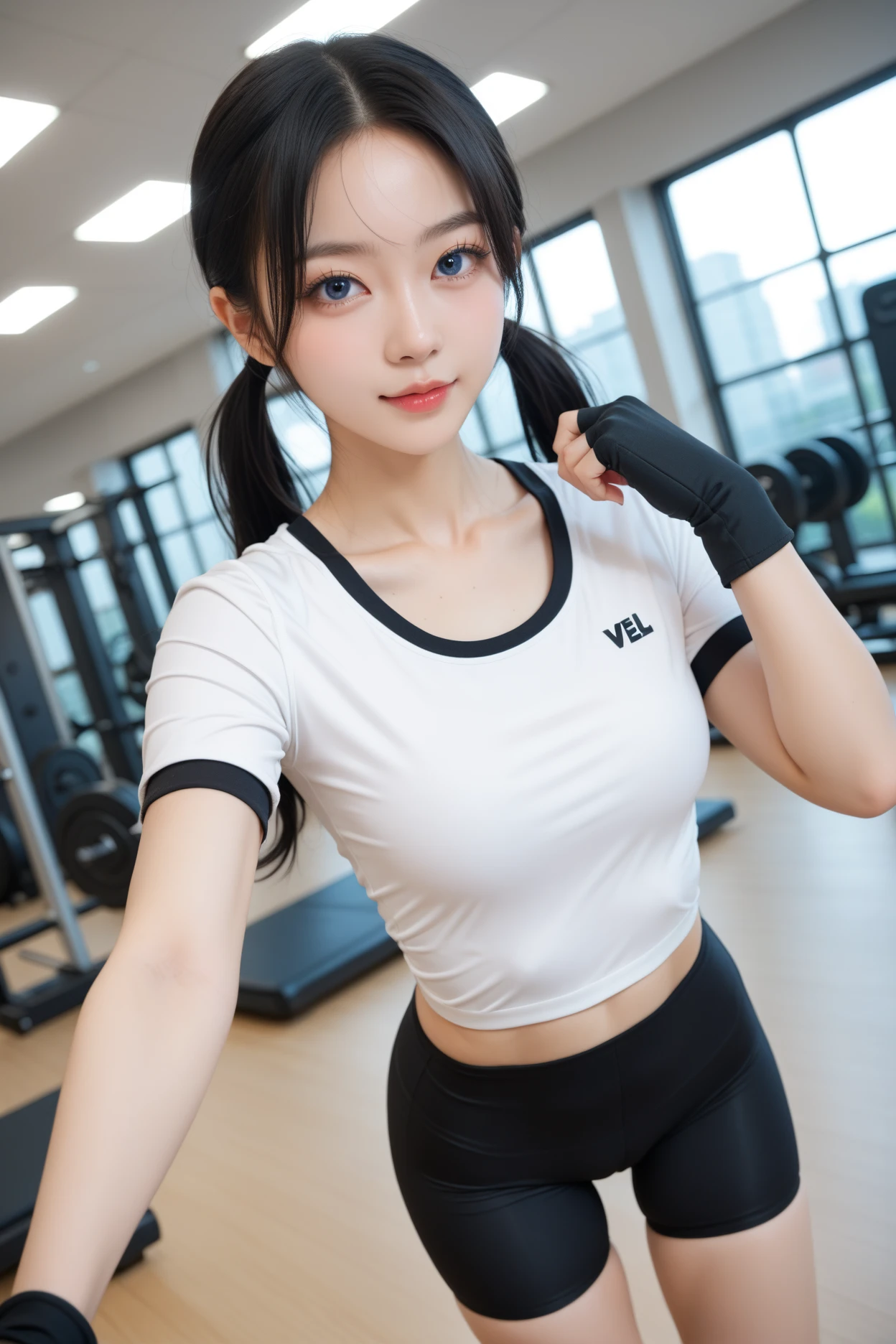 (top-quality、​masterpiece:1.2)、Best Quality、realisitic、photoshot、hight resolution、1080p、8K、Textured skin、Physical Rendering、1 Japan Girls、a junior high school student、kawaii、Young Face、Rolled hair、(School gym clothes:1.5)、School grounds、full of shyness、smil、Big