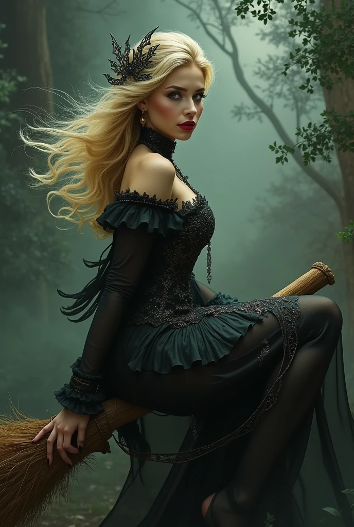 Blonde with long hair, witch, in Dark Fantasy, full height