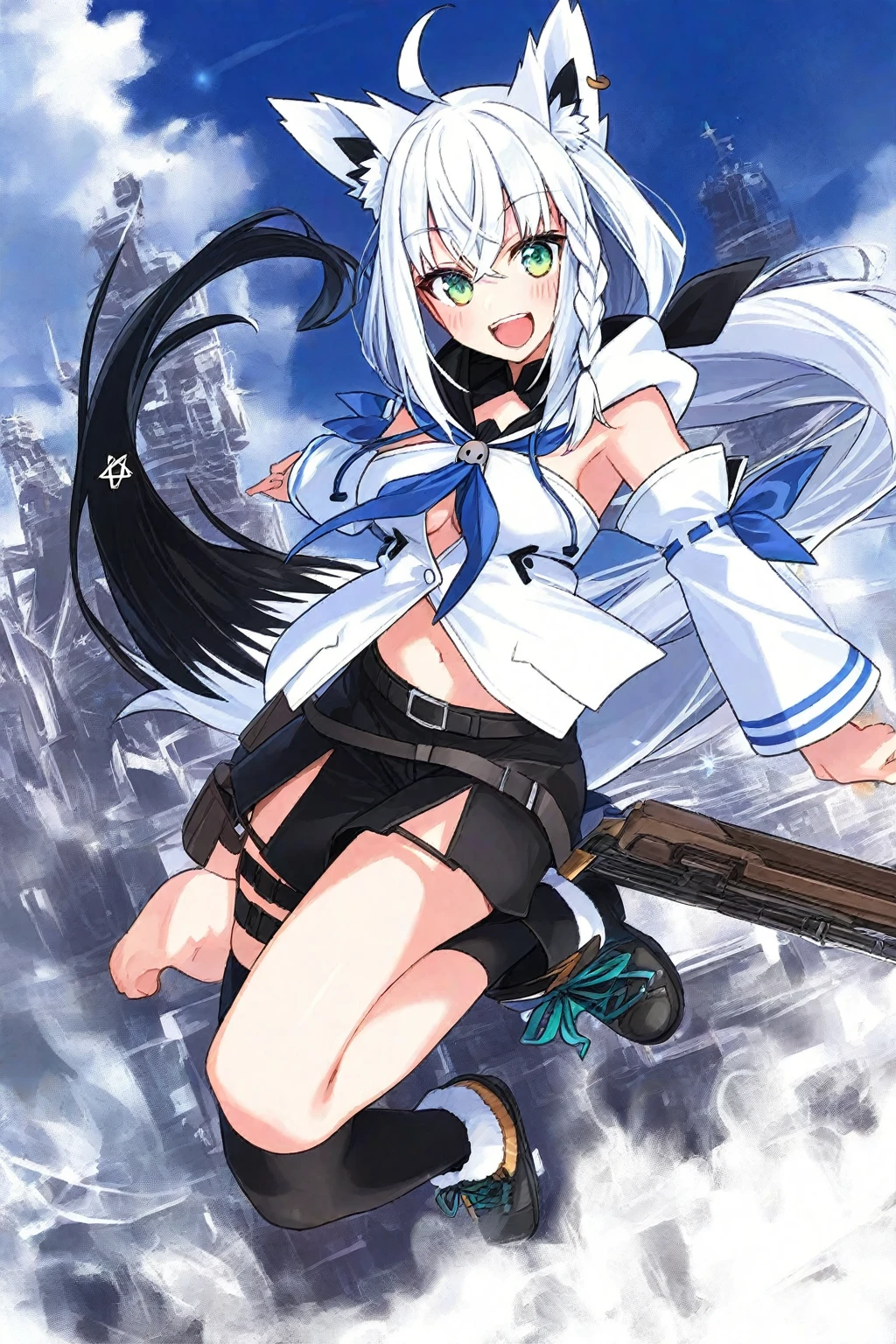 1girl, solo, cat ears,one knee, holding weapon,