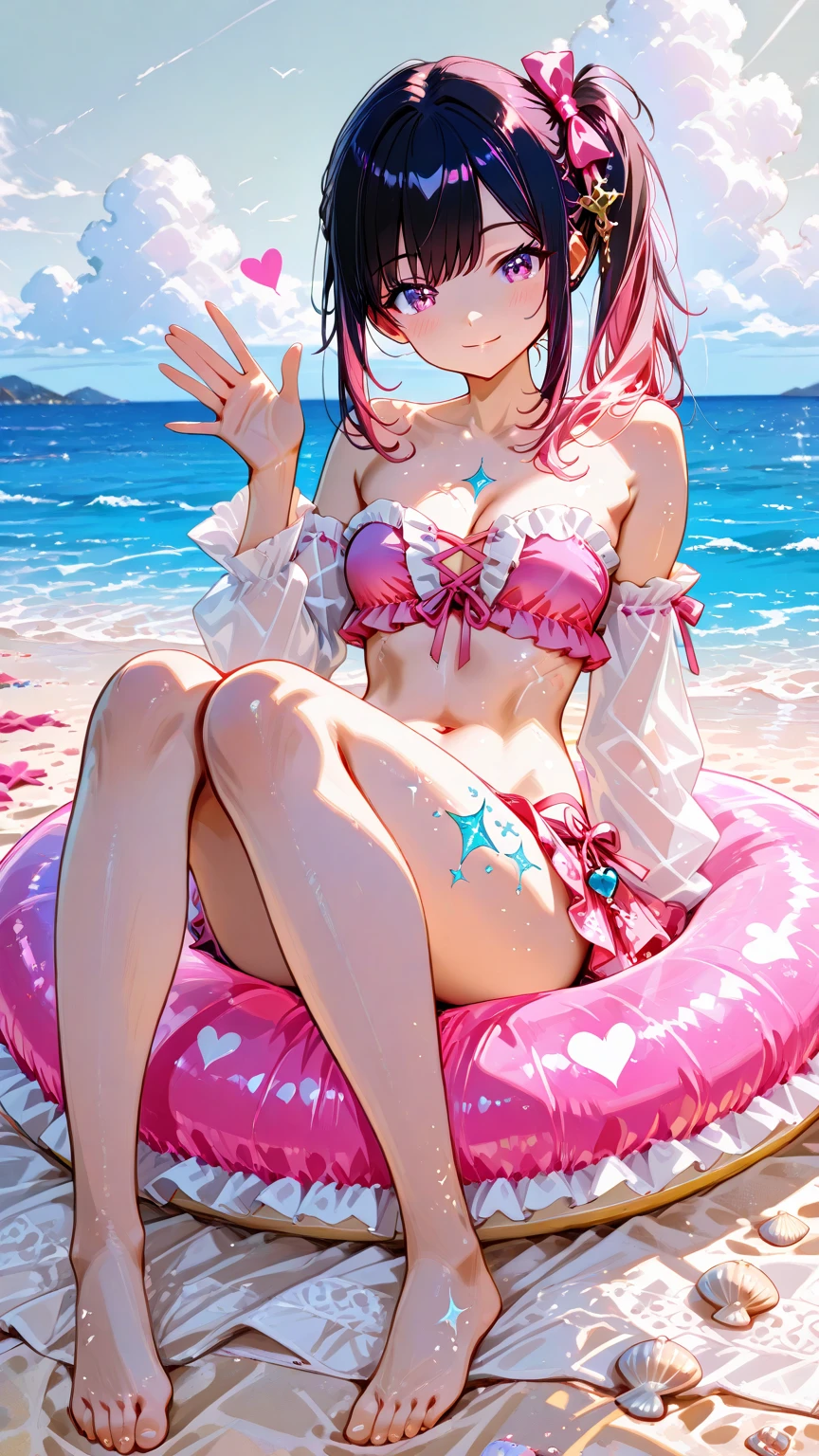 1 girl, :d , beach, summer, pink pastel bikini, aqua_nails, ball beach, beach_umbrella, beachball, bird, bracelet blonde_hair, cloud, cloudy_sky, cocktail_glass, collarbone, cup, drinking_glass, drinking_straw, eyewear_on_head, flamingo, food, fruit, blue_eye, hair_between_eyes, hair_ornament, hairclip, holding, holding_water_gun, inflatable_flamingo, jewelry, knee_pads, lime_(fruit), looking_at_viewer, sandals,