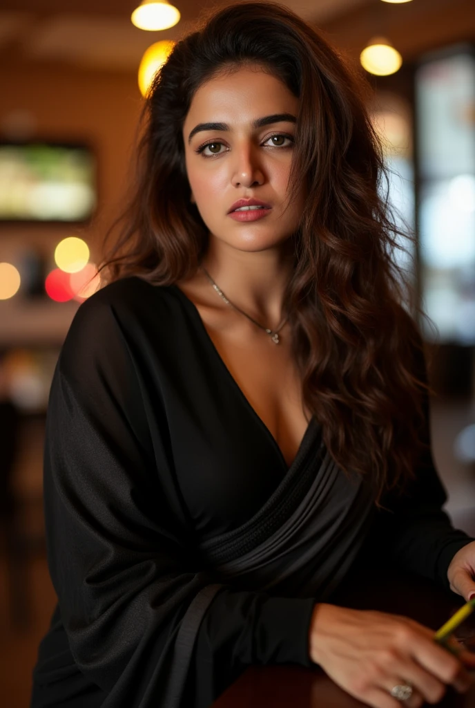 masterpiece, Best Quality, Photorealistic, Ultra-detailed, finedetail, hight resolution, 8k Wallpapers, 1 beautiful woman, face of actress pooja hegde, yellow shalwar qameez, in a tarrace, At night, light brown messy hair, Perfect dynamic composition, Beautiful detailed eyes
