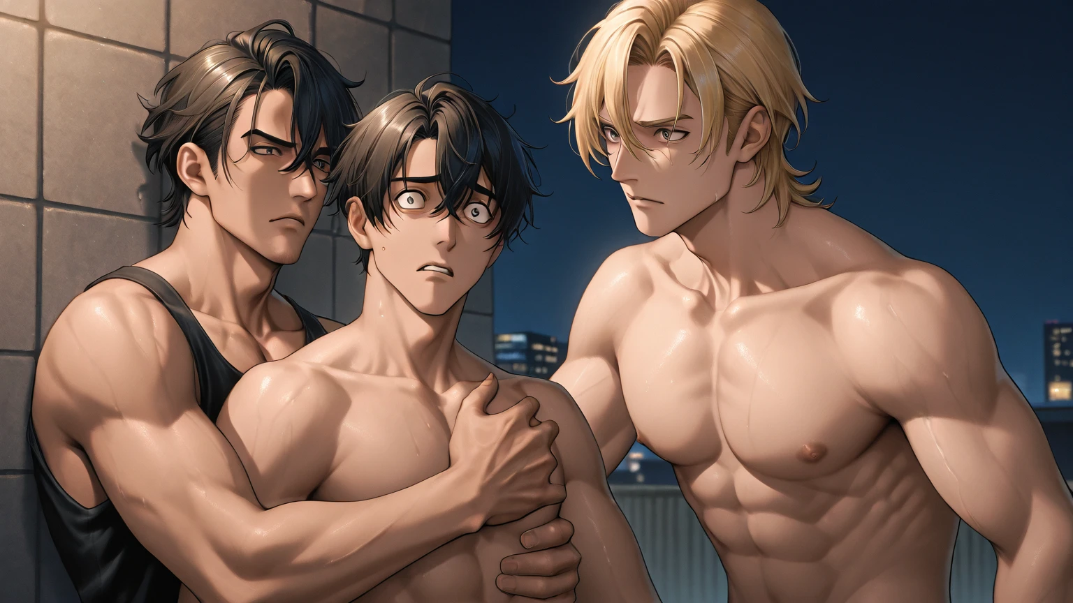 masterpiece,high quality,最high quality,Ultra-high resolution,15-year-old boy,short hair,Brown Hair,Brown eyes,topless,Completely naked,barefoot,Shonen Focus,whole body,Only the boy sits with his legs apart,Boy shows off his erect penis,Outdoor,A deserted park at night,Three men in full clothes are standing around the boy, surrounding him.,The angle of the three men's shots shows only their legs.,Boy's hands behind his head,Sweat,Moderate muscle,Embarrassed expression,R-18