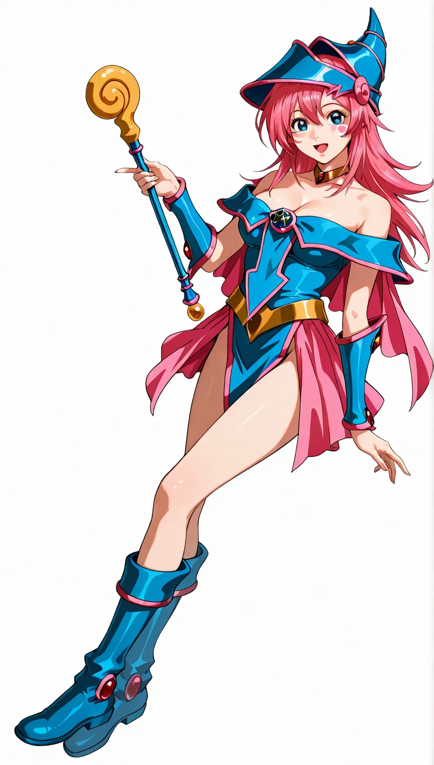 masterpiece:2, best quality:2, highly detailed:2, 8k, gradient pink background, anime, 1girl\(20-year-old, ORC, grinning, athletic:1.2, muscular:1.2, abs:1.2, long legs:1.4, short pink hair, big breasts, pink stockings, pink thigh boots with high heels, revealing clothes:1.2, slender waist, tight butts, beautiful face, red eyes, dynamic pose\), full-body image:1.2