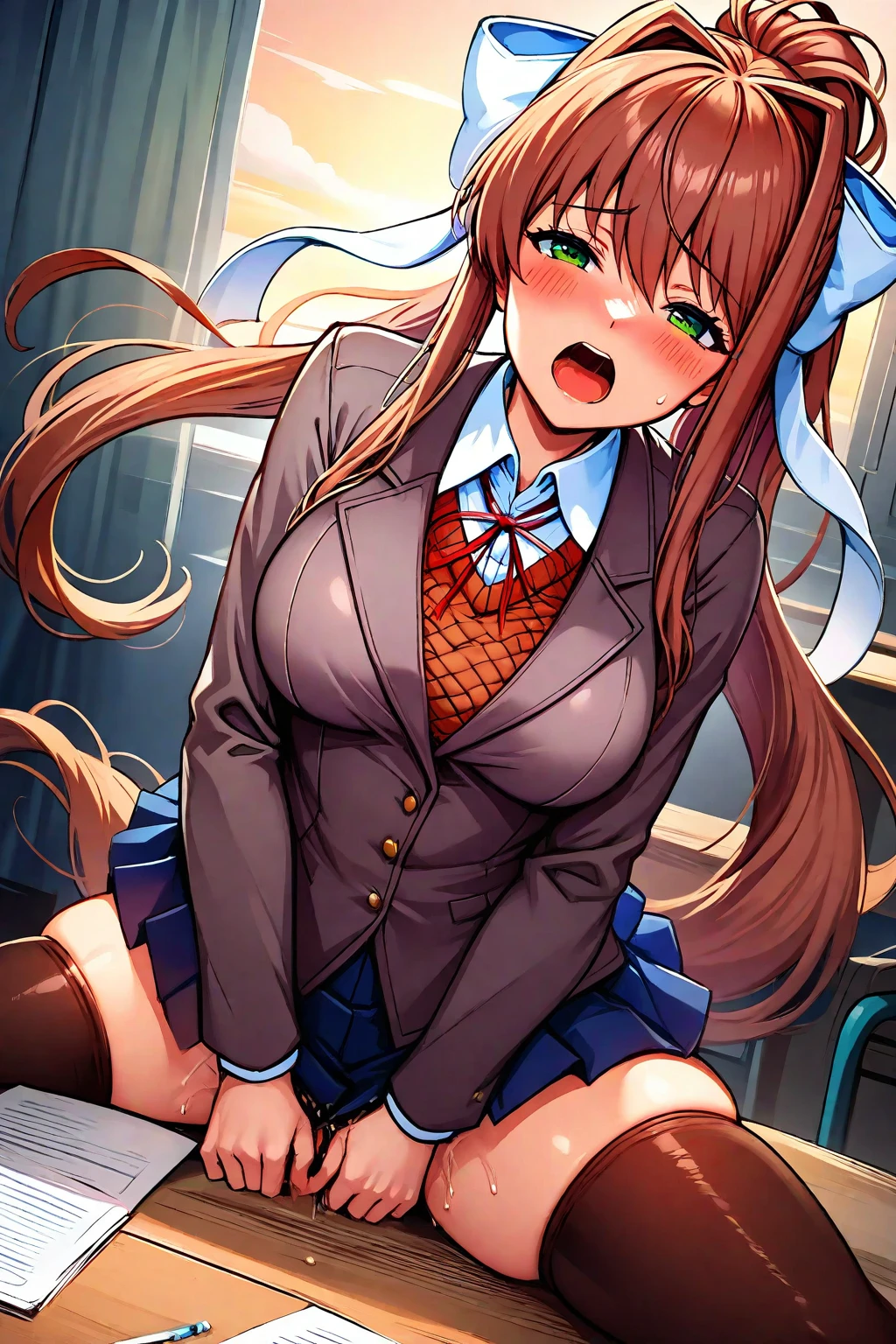 (throw_hand, pink vibrator remote switch in throw_hand, throw:1.2), highest quality, Super detailed, masterpiece, Ultra-high resolution, 8k, Ridiculous, Cowboy Shooting, Blurred, One girl, Focus on the girl, Embarrassing, blush, Lovely, With tears in her eyes and her mouth open, What saliva leaves behind, Wet skirt hem, (Sticky panties:1.1), (Light blue striped underwear), Bulging of the vibrator cord, Vibrator with Garters, [1girl, daiwa scarlet \(umamusume\), umamusume], (medium breasts), (school uniform), (cleavage), Sit on a chair, Classroom Background, (black stockings), (Thighs), (Waistline)