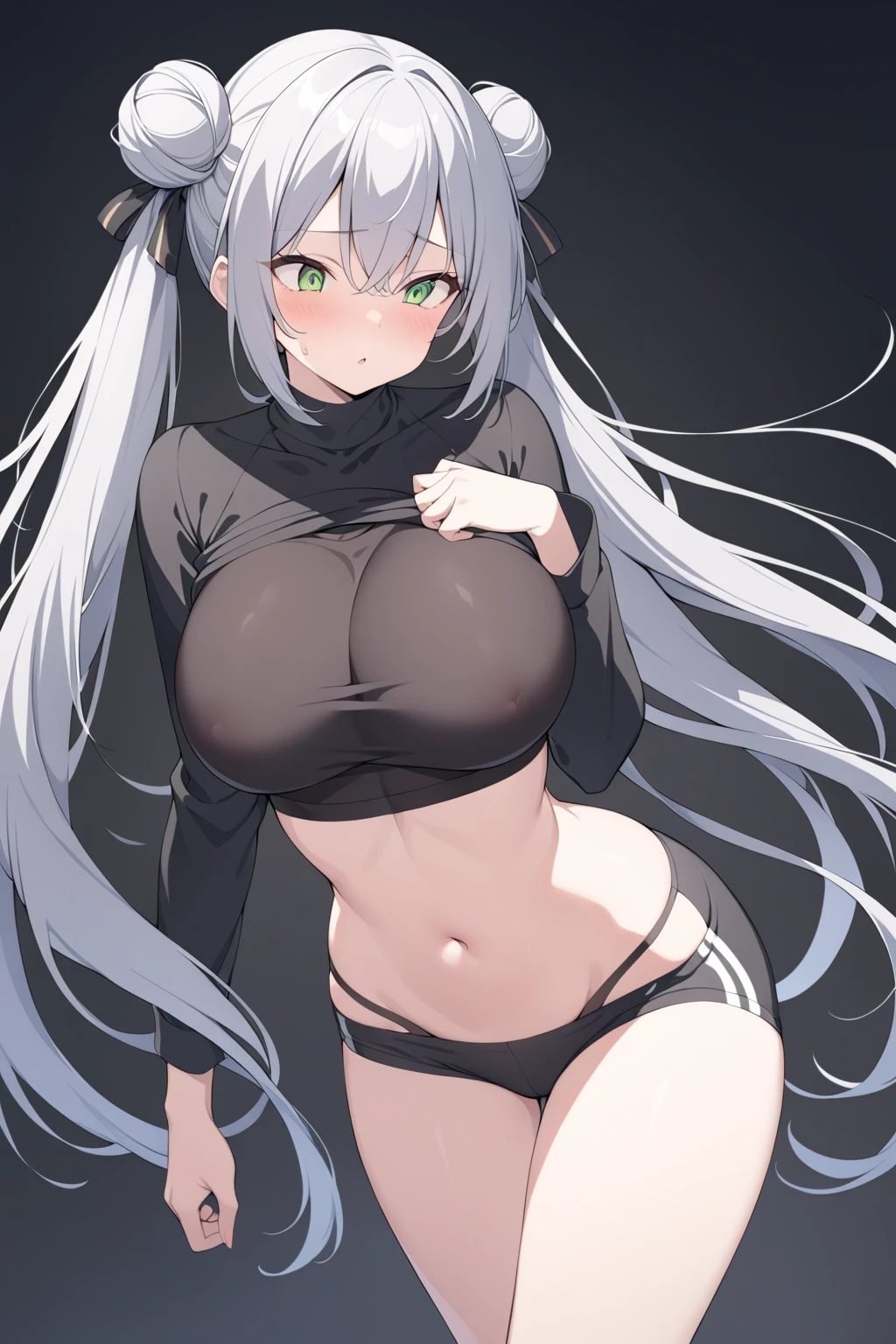 gigantic_breast,navel,midriff,sweater,turtleneck,long_hair,long_sleeves,long_hair,underboob,solo,face,thighhigh,panties,extremely gigantic breast