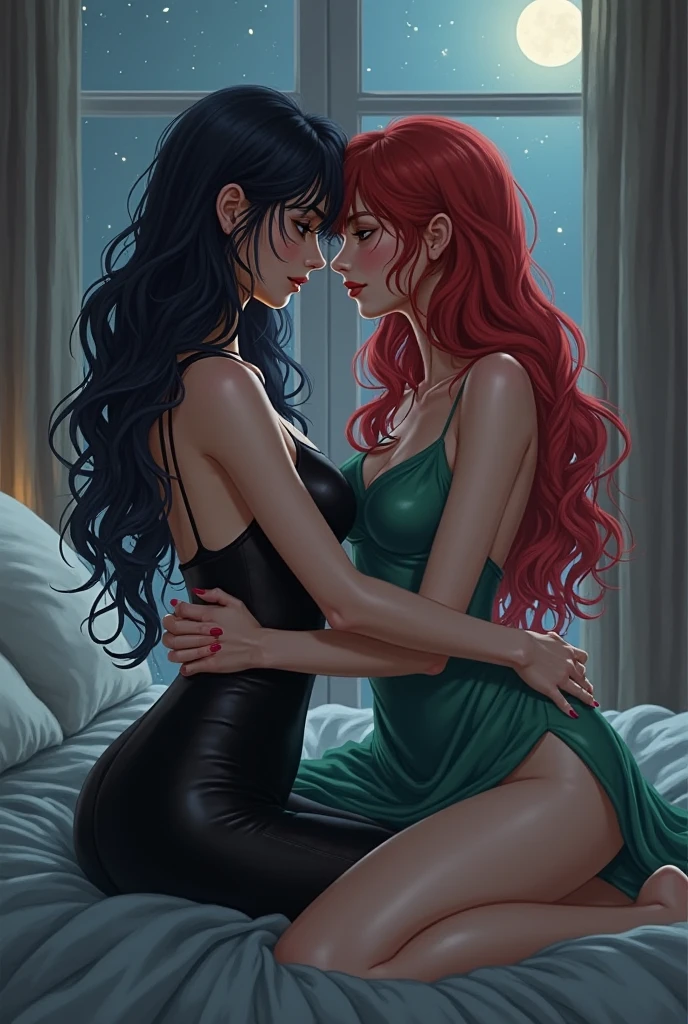 lesbianism, two sexy girls, 1 girl with red hair and 1 girl with green hair, naked, caressing their pussies, with a magical night with stars, affectionate (best quality , 4k, 8k, high resolution, masterpiece: 1.2), ultra detailed, (realistic, photorealistic, photorealistic: 1.37), intricate details, vivid colors, sharp focus, professional, artwork by Dave McKean, surreal oil touch, oil painting style, portrait, woman, beautiful detailed eyes, beautiful detailed lips, dreamy atmosphere, shadow play, soft lighting, fun pose, dark tones, ethereal background, fantasy elements, texture, layered composition. {{{,{perfect ass,cowgirl sex, girl on top, straddling, sit astridepleated skirt, penis in vagina,}}} {{{back,doggystyle,penis,1boy}}}, art inspired by Bill Sienkiewicz and Dave McKean