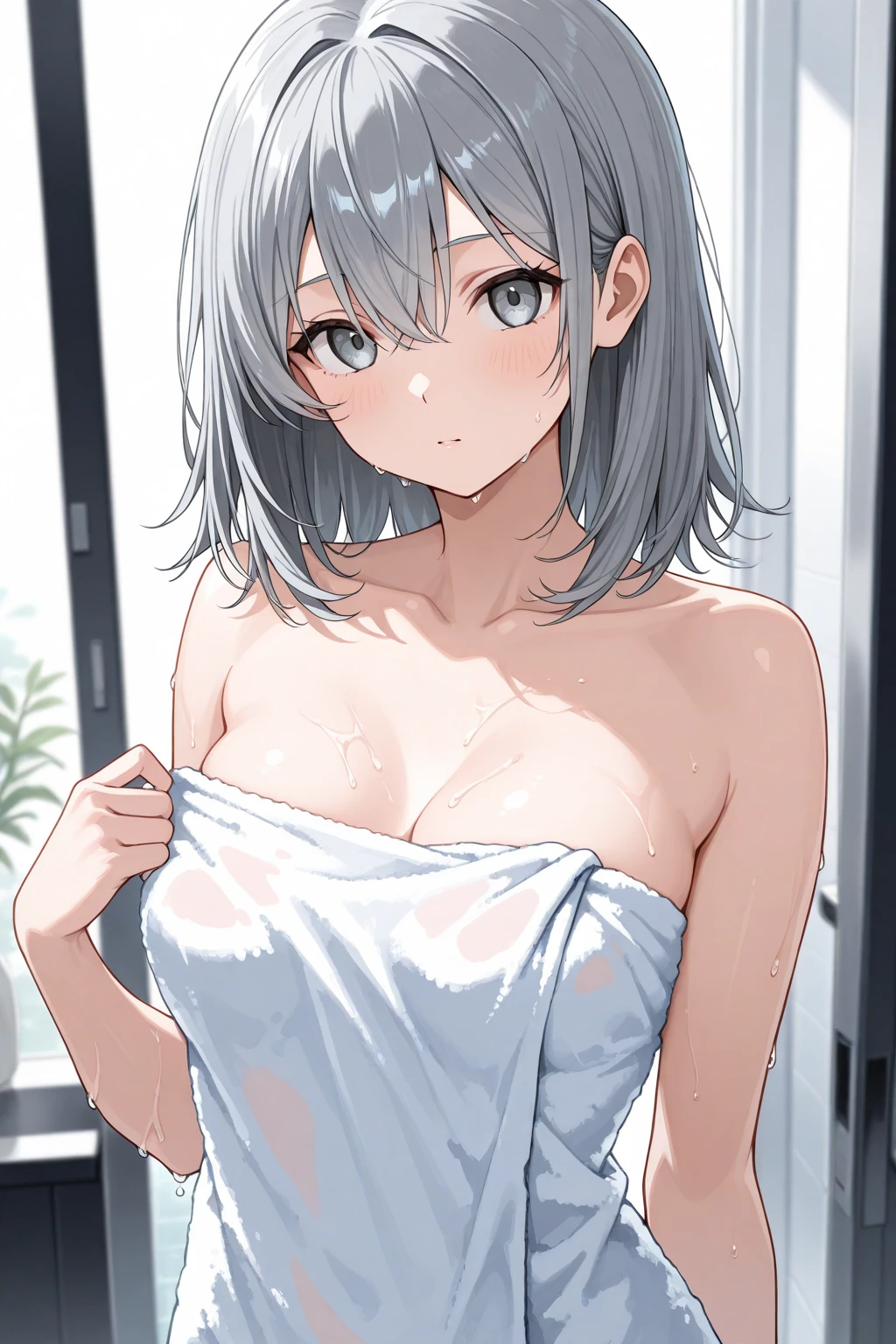 In the depths of an artist's creative mind, masterpieces are born. A slender anime girl named Yunagi stands in the middle of a girly bedroom, looking sleepily into the distance. She has a relaxed face and a subtle yawn. Although her body is slender, she has large breasts that are completely exposed (the nipples are also visible), and her bob-cut gray hair is disheveled when she wakes up. She takes a provocative attitude towards the front, looking at me with a passionate look on her face.