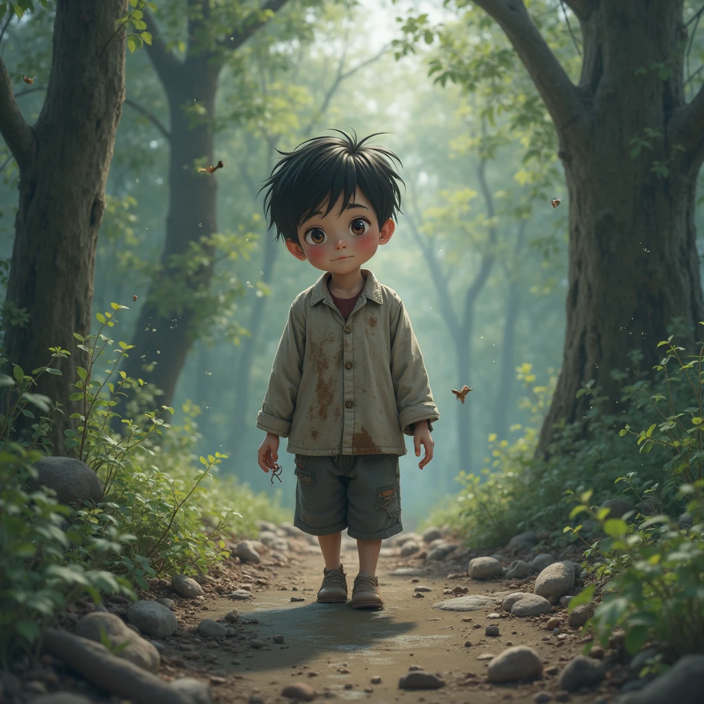 Boy sitting on the ground under a tree