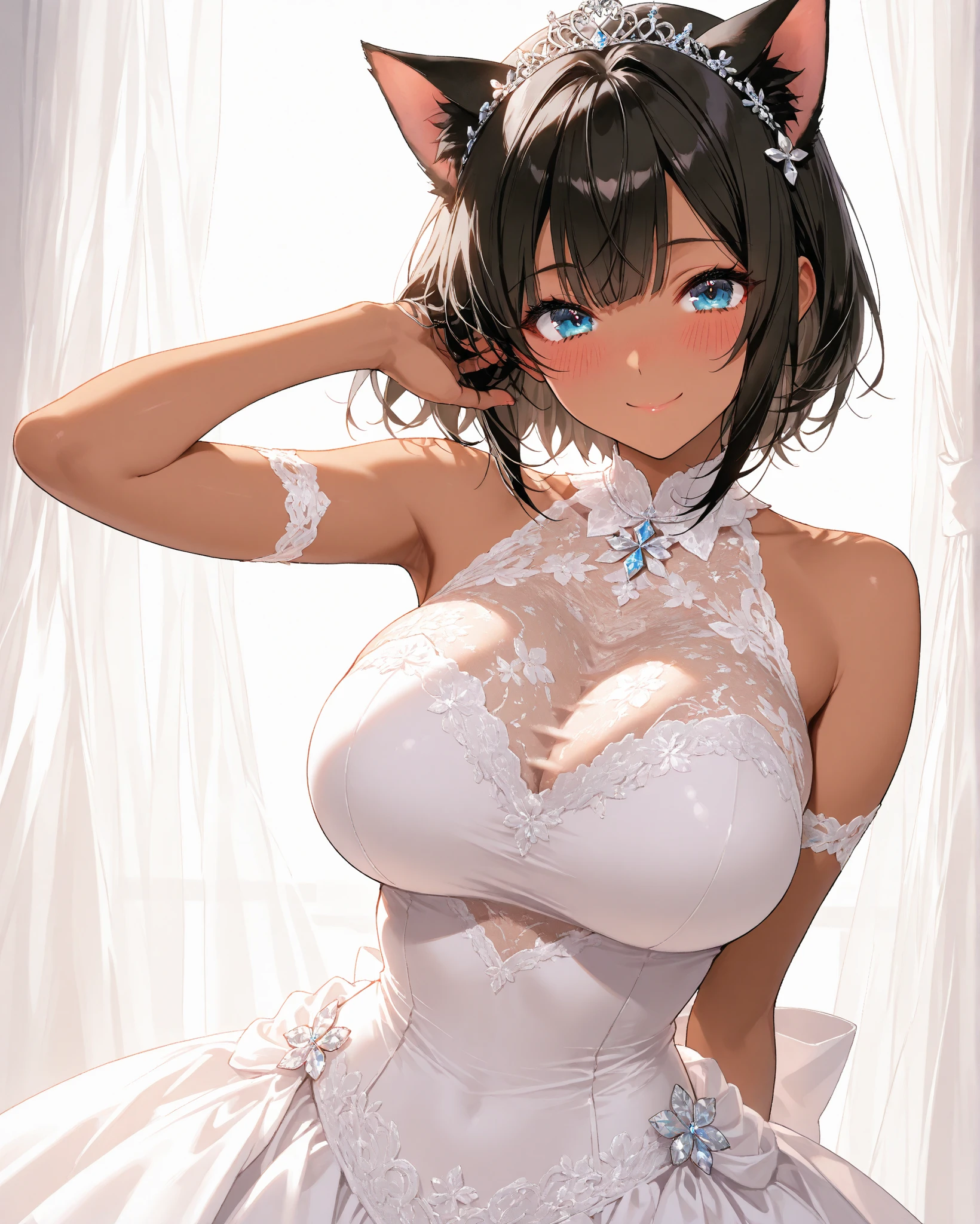 baby face, (short brown fluorescence hair:1.5,ponytail hair:1.5), (masterpiece, sidelights, exquisite beautiful eyes: 1.5), masterpiece*portrait,(cute face),front view: 1.6、 (glowing green eyes:1.2),plump face:1.5,(tareme:1.5)、(seductive smile:1.2),Rosy Mouth,Slim Body,abs, shiny hair, visible belly, shiny skin: 1.5、medium breasts,cleavage、solo,,(stand)、(white tank-top and black skirt)、(charactor focus:1.5、portlate、upper body),stage,