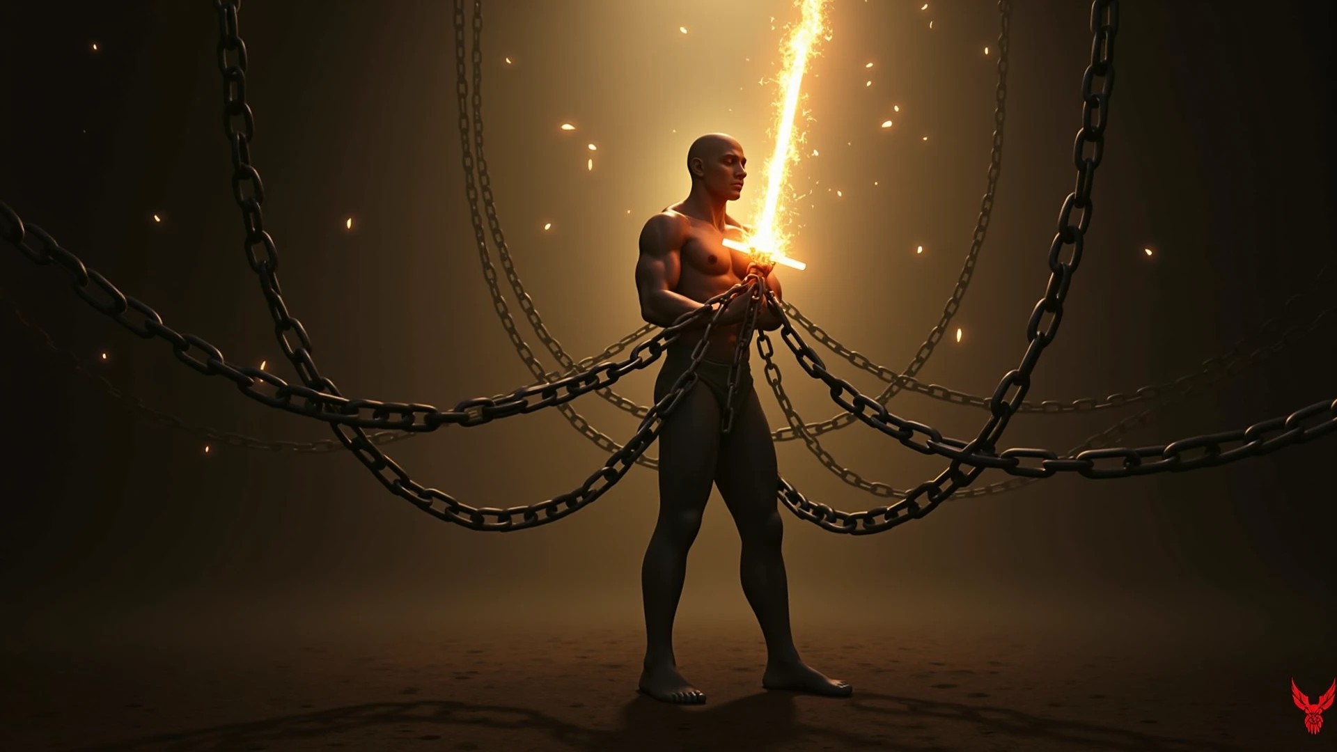 Realistic muscular 12 yo African American  boy shirtless tight jeans pulling black leather belt tight around waist tennis shoes flexing muscles lightning bolts shooting from inside belt bucle.