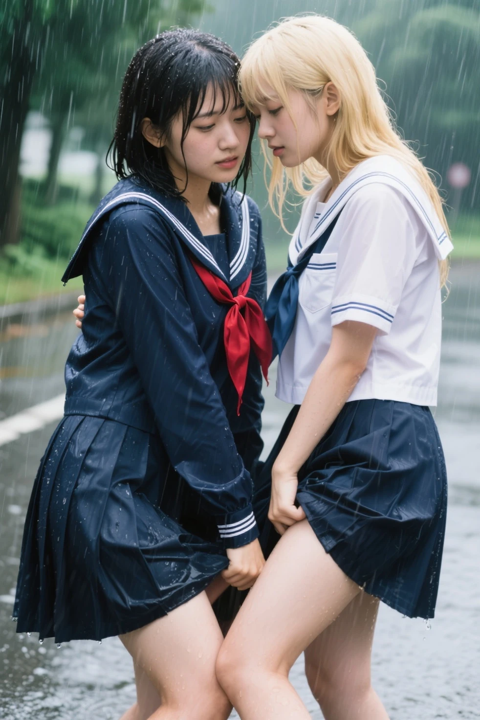 Just one 14-year-old junior high school girl、NSFW、Super detailed、High resolution、transcendental beauty　highest quality、masterpiece、Wearing knee socks、(RAW photo:1.2)、(Photoreal:1.4)、beauty in the details、and delicate expression、(It rained and got wet:1.5)、In the forest deep in the mountains、(school uniform is torn、I can see your nipples:1.5)、school uniform、(short hair、Bangs without gaps:1.5)、((you can see me))、eyelash、sparkling eyes、glossy lips、beautiful and detailed eyes、((beautiful japanese girl))、very detailed expression、highly detailed face、movie lighting、positive、((dynamic pose))、(Put your hands together and fix it on a large tree、raise your butt:1.8), (Touch your butt to an older man:1.4)、 (sex with older men:1.8)、(Angle from the side:1.6)、(She gets her pussy played with by an older man:1.8)、thin legs、(Open your mouth wide and look at your tongue、scream:1.7)、Panting with sexual pleasure、(Feel the climax of ecstasy:1.6)、Open your mouth wide and scream、shame、Her cheeks flushed slightly、heartbreaking cry、Pee、pain