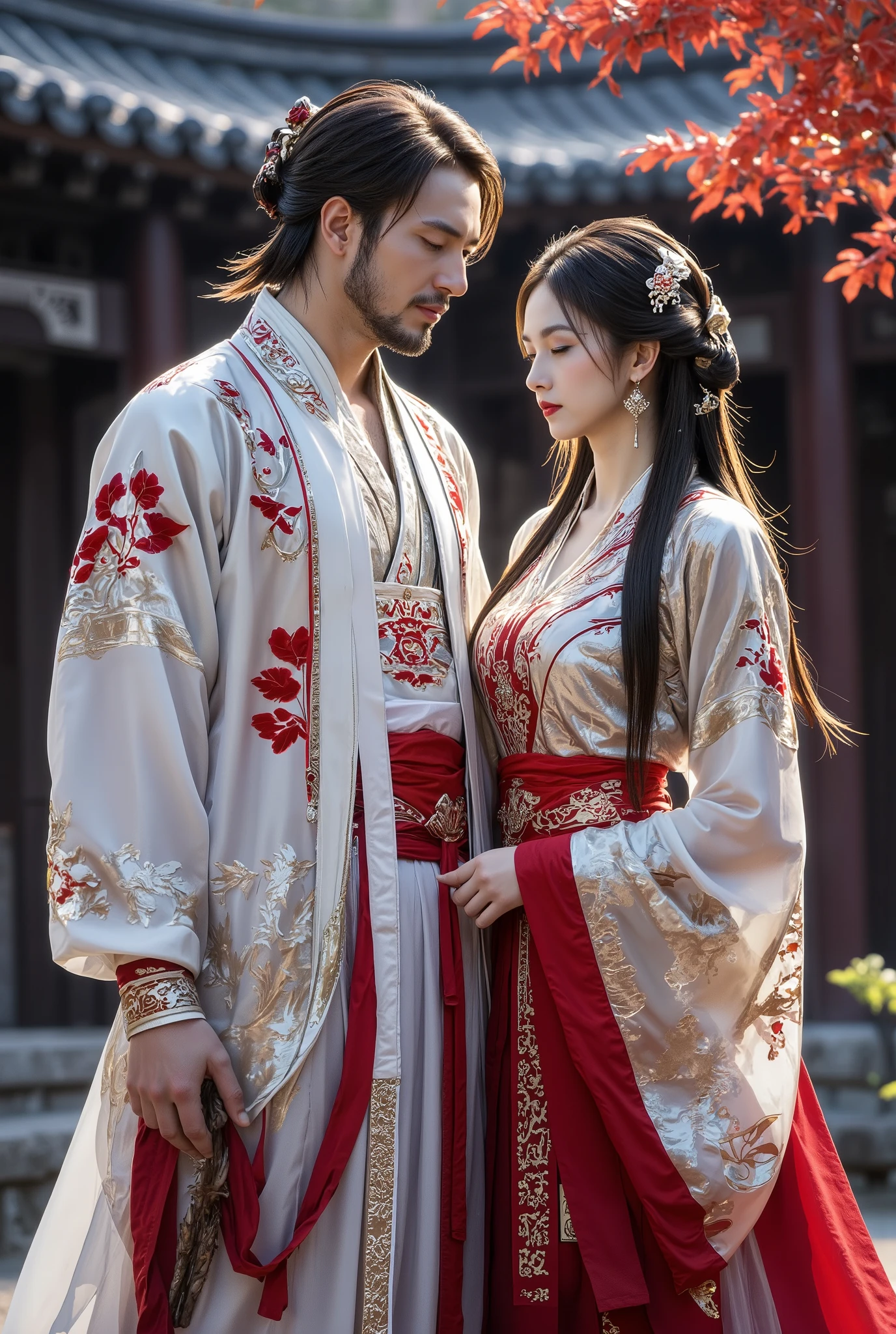 A handsome guy and a beautiful woman,the clothes are gorgeous,Elegant,in an ancient Chinese courtyard,Perfect face,perfect hand,traditional Chinese clothing,traditional Chinese architecture,