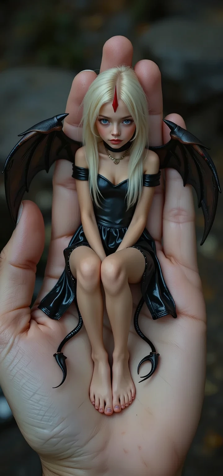 Imagine a beautiful young European adult woman with long, light silver hair., green eyes, in a sexy maid outfit, with devil wings, realistic and high quality image, with a mole near the lip, detailed and beautiful face., with a defined and well-detailed body, In heels, inside a cardboard box with polystyrene, crossing legs, flirtatious look, free and blushing, beautiful detailed and realistic feet, seductive pose, with a gift bow on her head, head on, grabbing her breasts