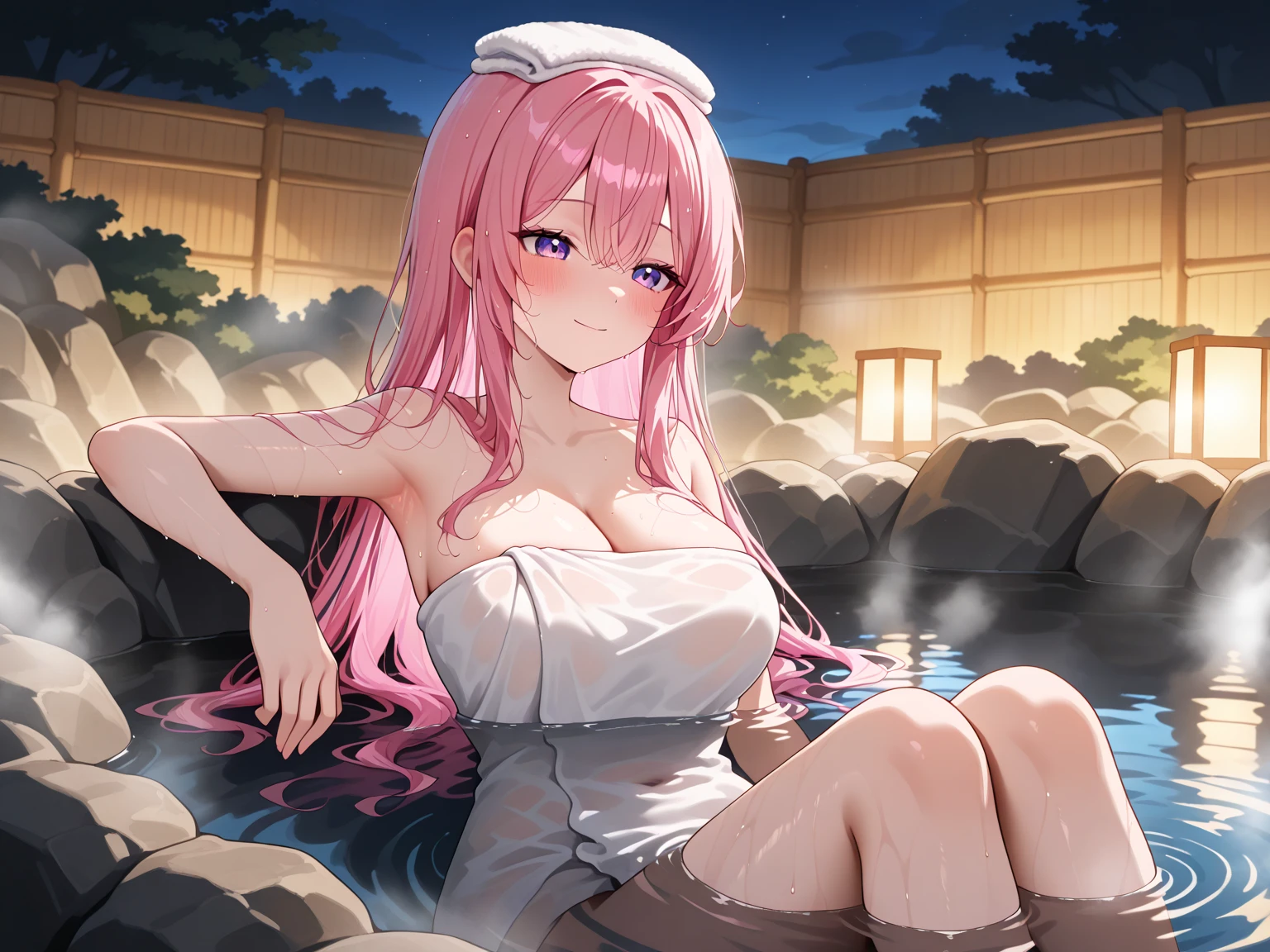 Tabletop, highest quality,shape, wallpaper, Very detailed, Absurd beauty、1 beautiful girl、 Painted、(Pink Hair、Medium Hair、Wavy Hair、Very ample breasts)、(((Large hot spring、bathing、Amazing night view)))、blush、((Wrapped in a towel))