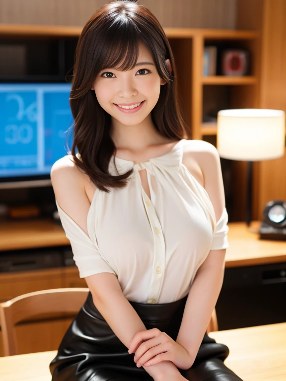 real、realistic, High resolution, 1 female,beautiful eyes, brown hair semi-long, wavy hair,ring eye, Jewelry is, Are standing,secretary、office、black stockings:1.1、black stiletto heels、whole body、(Button cutter shirt)、(white shirt)、(sleeveless),(briefs mini skirt)、big breasts、nsfw,slim body,smile