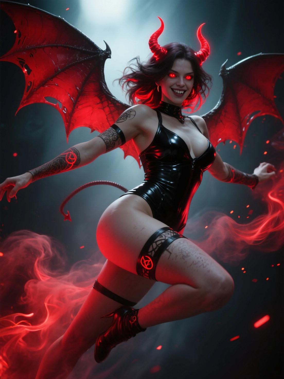 female demon, Lilith, (full body:1.55), (beautiful detailed eyes glowing red:1.4), (Large bat-like demon wings:1.4), (hair tied in two ponytails to form large bull horns), (raised arms showing armpits:1.0), (squatting with legs wide apart:1.0), beautiful detailed lips, extremely detailed eyes and face, long eyelashes, smiling, black long dress, (best quality,4k,8k,highres,masterpiece:1.2),ultra-detailed,(realistic,photorealistic,photo-realistic:1.37),detailed skin, intricate details, dramatic lighting, dark fantasy, chiaroscuro, moody atmosphere, deep shadows, warm color palette, rich textures, cinematic composition, intense gaze,