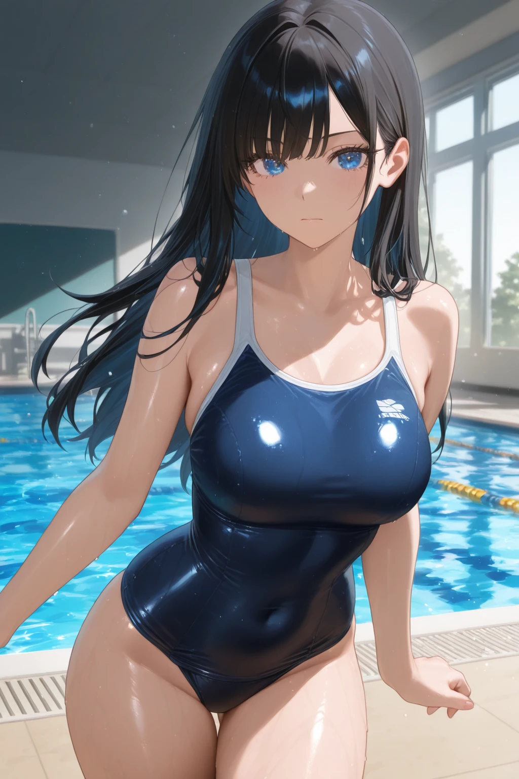 (masterpiece、Highest quality、In 8K、High resolution:1.2)、alone、One Girl、 Fumika Sagisawa、Feeling embarrassed、Look at the viewers、whole body、Transparent competitive swimsuit、Transparent racing swimsuit、Glossy body、Wet body、locker room、Low - Angle