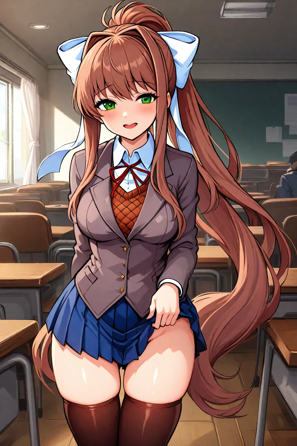 Masterpiece, Monika (Doki Doki Literature Club), giantess, looming over tiny guy, indoors, school uniform, glaring, smirk, intimidating, dominant, femdom, looking down on tiny guy, sitting on tiny guy, perspective of the tiny guy, sticking hand down her panties