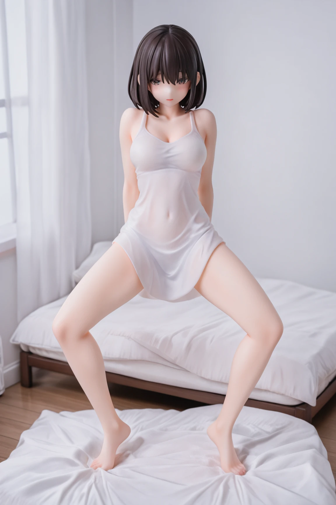 Girl with medium breasts and medium ass and who is naked and shows one of her breasts