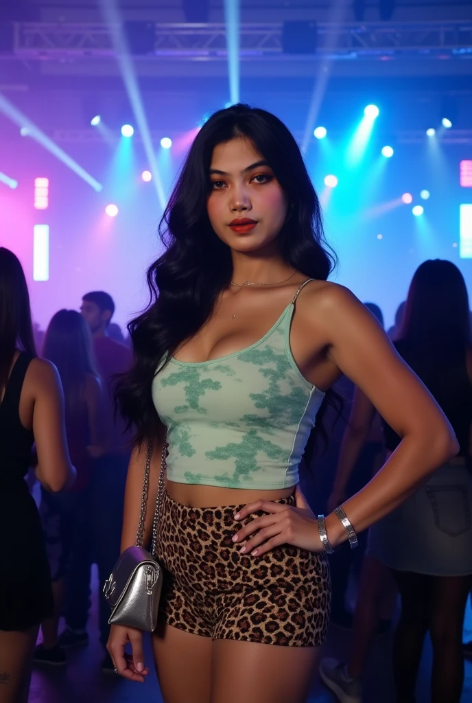 Lilimar Hernandez dressed in very short clothes in a club with painted lips and smiling