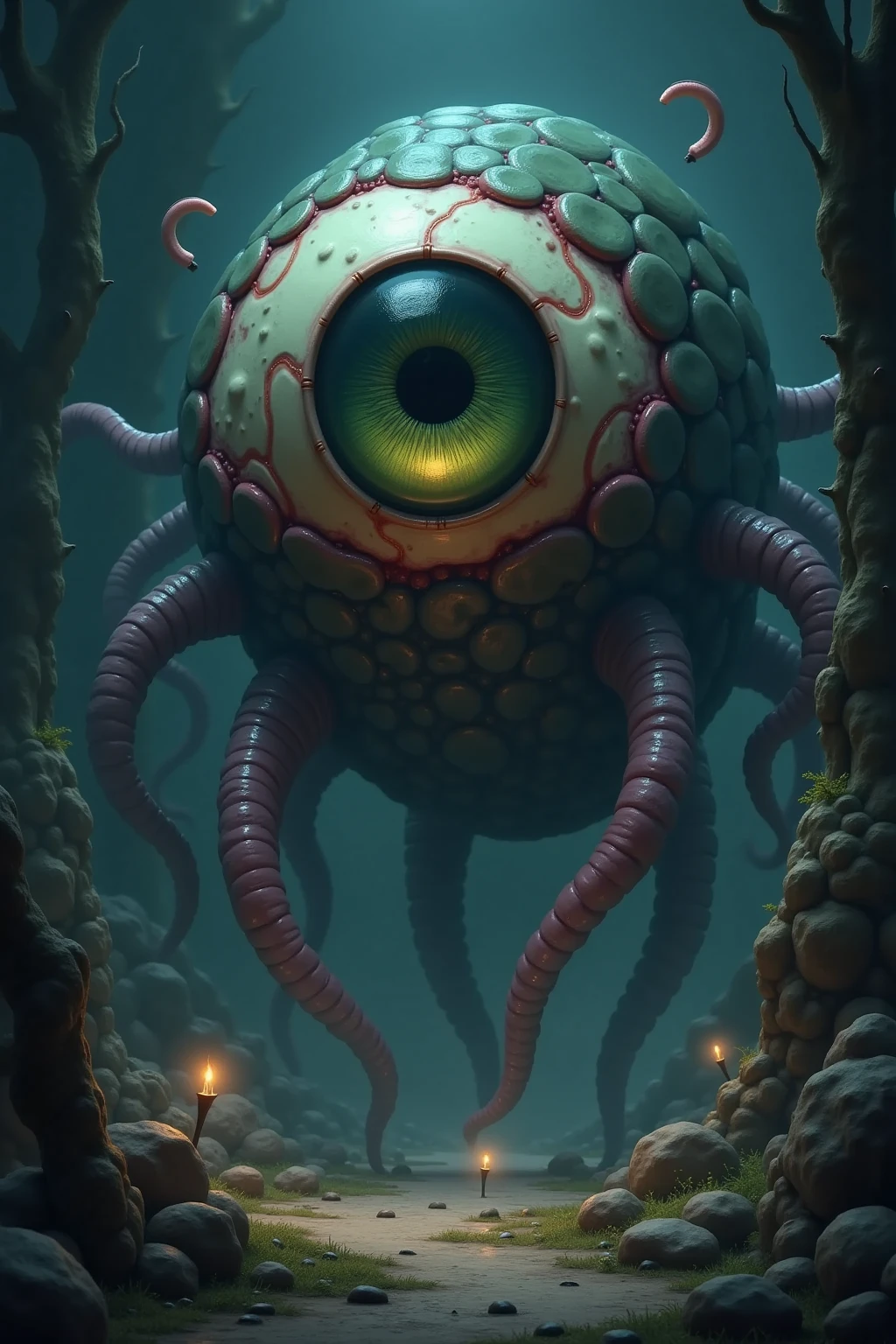 (No humans)、An alien tentacle creature with tentacles branching out from a central body with a single large eye