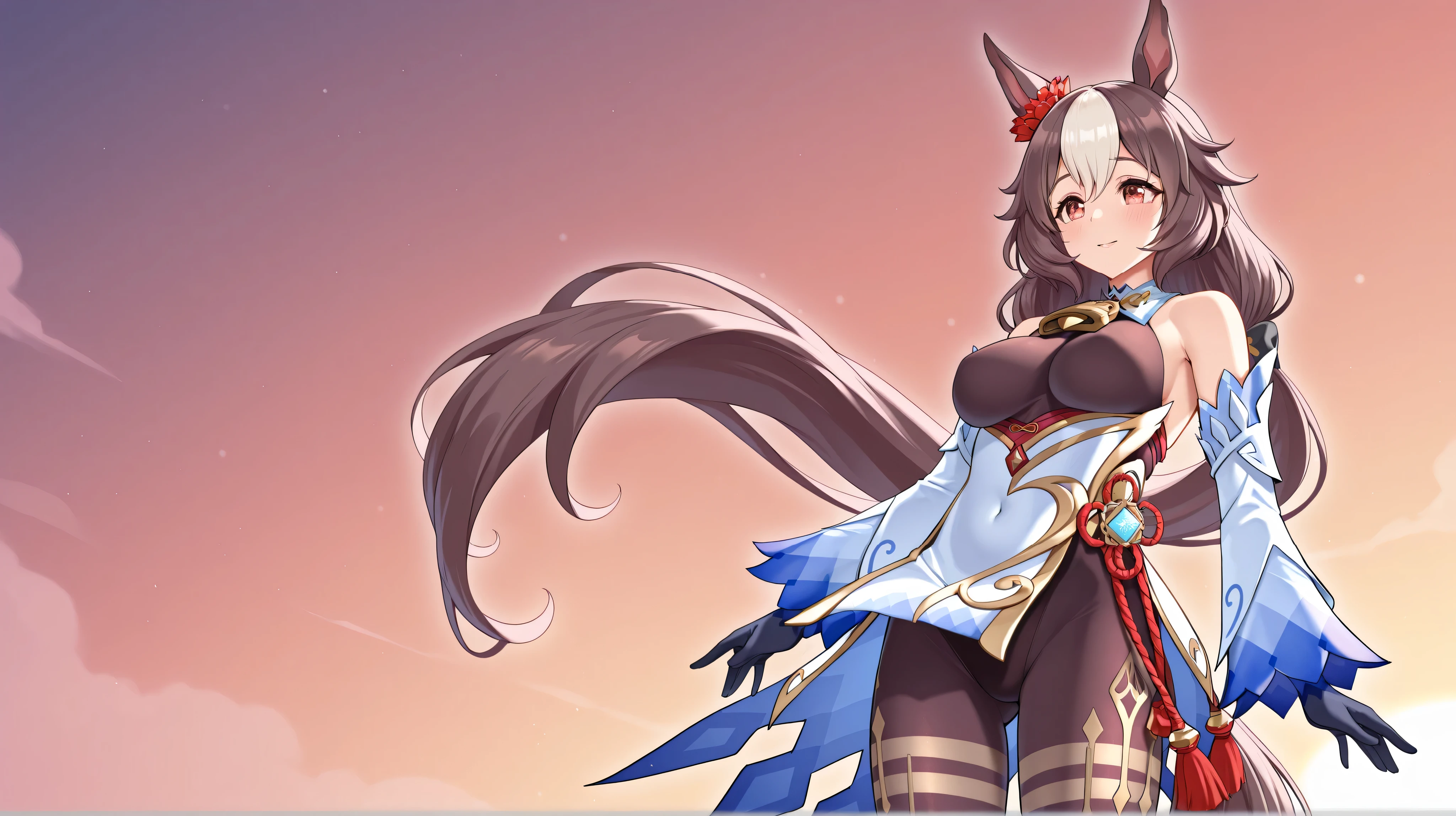 yamanin zephyr（Uma Musume）, Uma Musume, solo, [top quality], [Super beautiful CG], [Highly Detailed CG], [Super Detailed], [CG illustration], [Hi-Res], [extremely delicate and beautiful],  very detailed skin, Medium Breasts,  genshin ganyu cosplay, ganyu (genshin impact) (cosplay), gloves, bare shoulders, detached sleeves, black gloves, bell, bodysuit, neck bell, black bodysuit, vision (genshin impact), bodystocking, cowbell, chinese knot, covered navel, pelvic curtain, long flowing horse tail, 