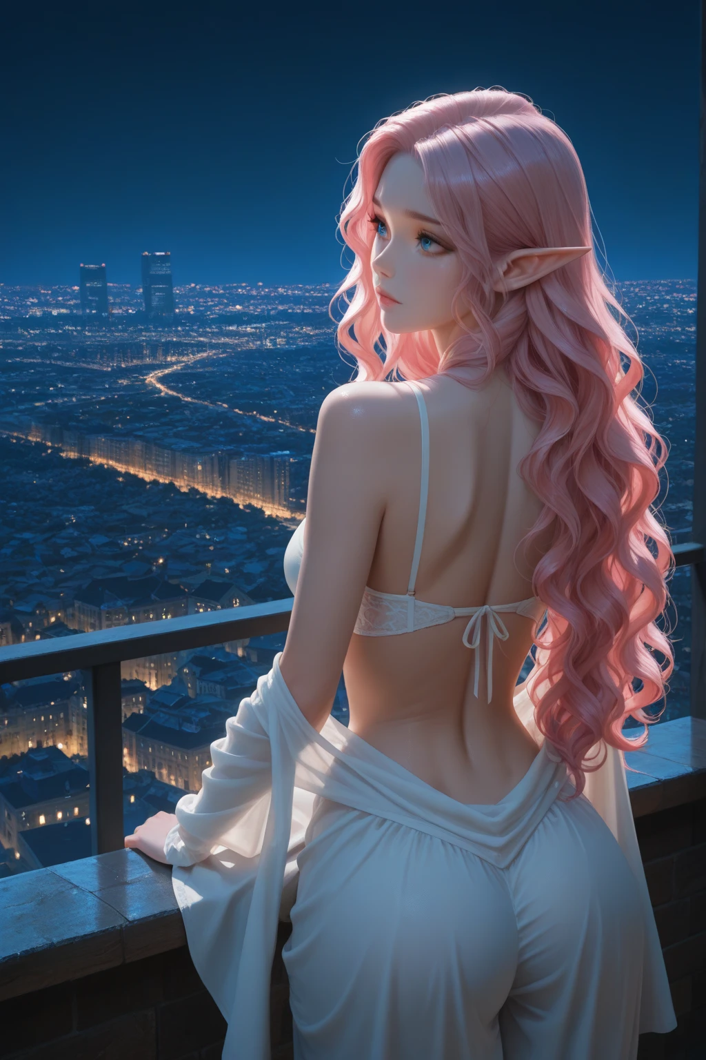 detailed textures, high quality, high resolution, high accuracy, Realism, color correction, correct lighting settings, harmonious composition. miss, long wavy hair, pink hair, Blue eyes, elf,Sexual curves, White and silver dress, Beautiful, without back、show your ass--ar 3:4- Niji 6
