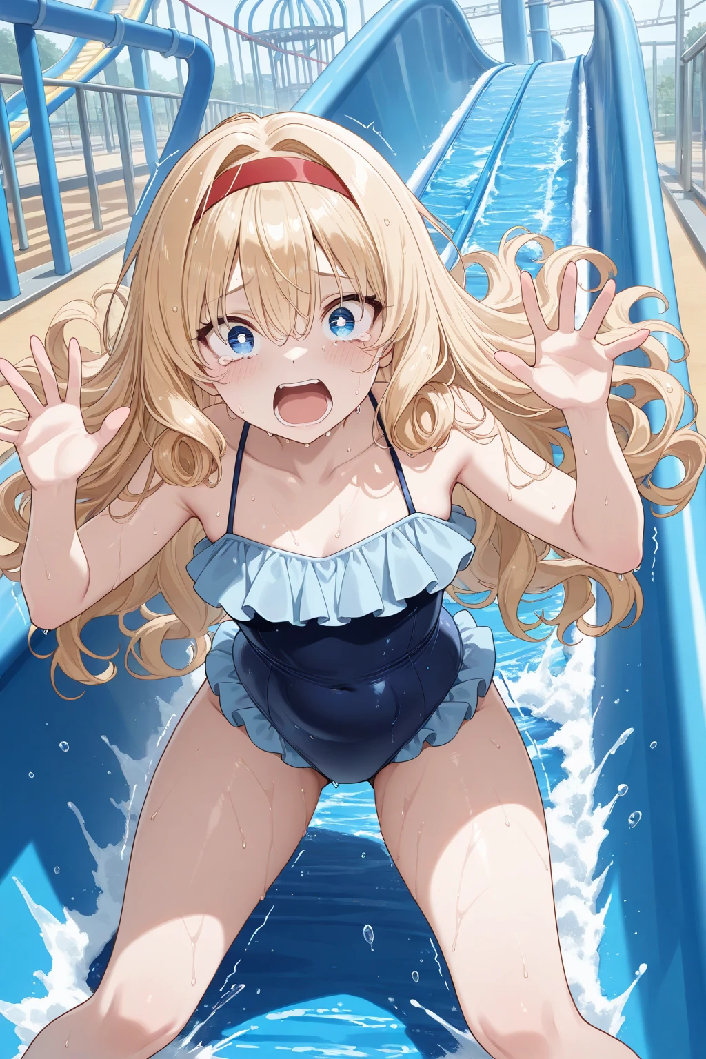 masterpiece,best quality,floral pattern bra, floral pattern panties,,side tie panties,A scene at a water park with a water slider, featuring a Japanese actress. The actress is wearing colorful bikini and is joyfully sliding down a long, open, water-filled slide, barefoot. The water slider is set amidst vibrant greenery and a clear blue sky. The actress, dressed in sporty fitness wear, is experiencing a thrilling ride, with water splashing around her as she descends the slide. She is riding on a bright inflatable ring, adding a lively touch to the overall atmosphere of the scene, and her bare feet add a sense of freedom and fun.