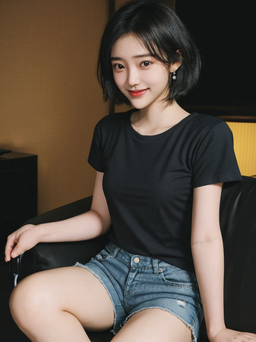 (8K, Raw photo, Best Quality, masutepiece:1.2), (Realistic, Photorealsitic:1.37), Ultra-detailed, 1 girl,Cute, Solo,Beautiful detailed sky,Detailed Cafe,Night,Sitting,Dating,(nose blush),(lightsmile:1.1), medium breasts,Beautiful detailed eyes,(Collared shirt:1.1), bowtie,Pleated skirt,(Short hair:1.2),Floating hair、Black shirt