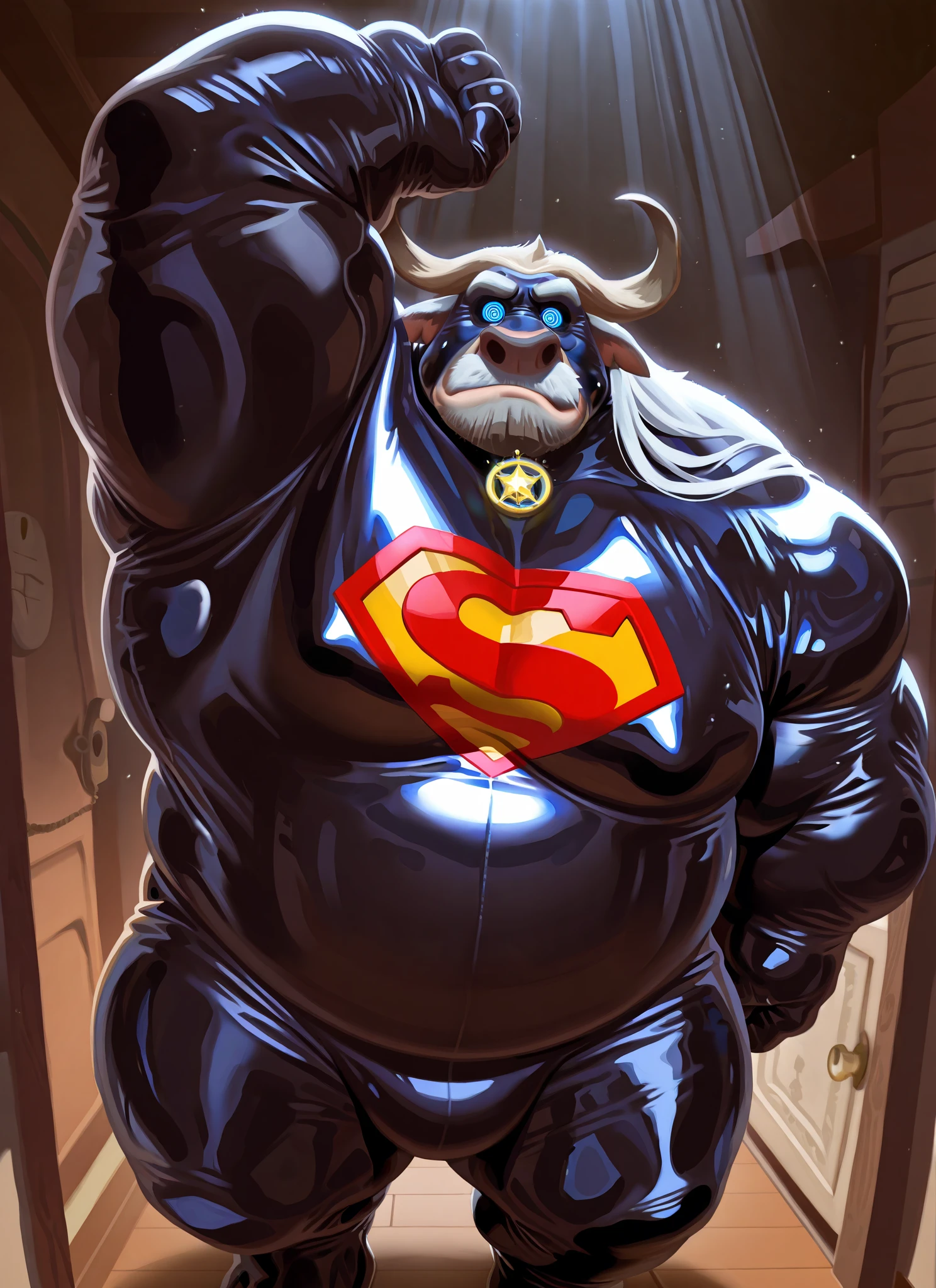 on the street_Latex Bodysuit-Superhero_Tied to a pole with a rope around waist。Superhero and white tiger orc,Wearing brown boots,The tights are blue,No Superman logo on him,strong_A little fat_tall and big。