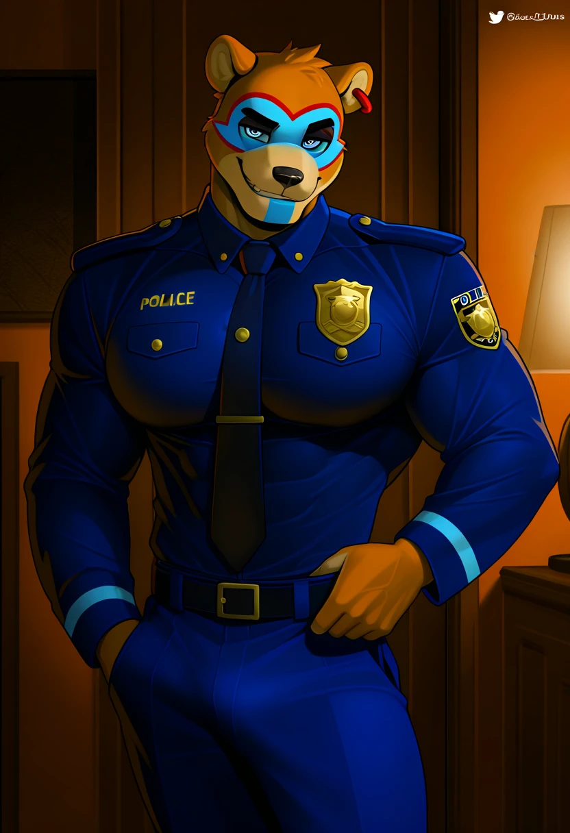 solo, male, dark brown and yellow, beige german shepherd, tight_clothing, bulge, (wearing a police uniform, dark-blue leather boots), (Full Body Focus), standing, head to foot, looking at viewer, high detailed, masterpiece, dark blue background, by Meesh