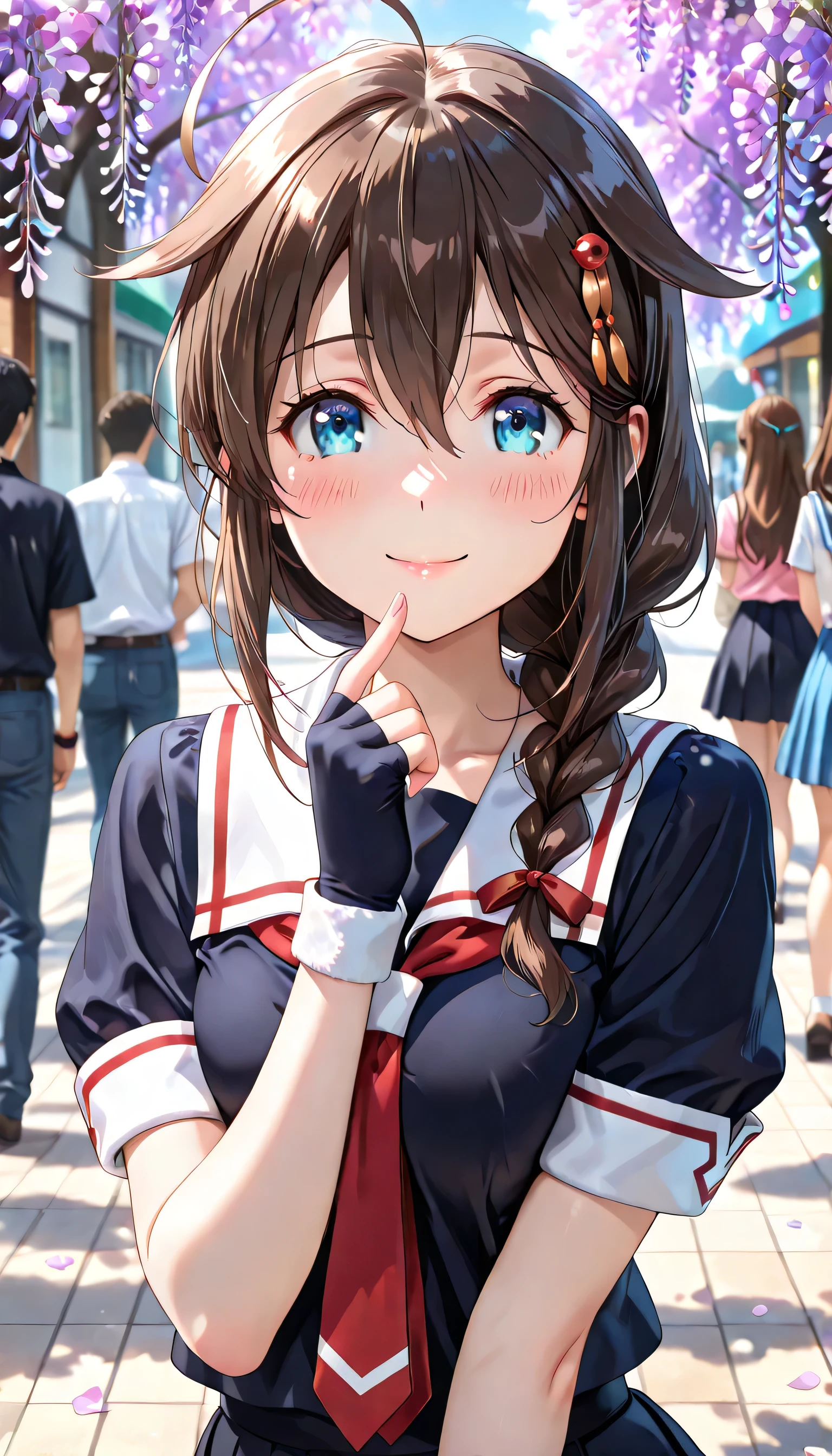 ((ultra-detailed)), (highly detailed CG illustration), (best quality:1.2), ultra-highly detailed, colorful composition, artistic photoshoot, 1girl, solo focus, upper body:, moe anime character, girl, round face, rounded chin, Shigure \(KanColle\), 1 girl, blue eyes, ahogi, hair clips, braids, brown hair, long hair, hair ornament between the eyes, black sailor suit, white sailor collar, red neckerchief, short sleeves, fingerless gloves, black gloves, black skirt, pleated skirt, middle breasts, smile, blush:1.3, Walking along the the wisteria flowers:1.3, wisteria flowers petals dancing, beautiful detailed sky, from front, dynamic pose, contrapposto pose, best quality, expecting, pink cheek, blush, light pink gloss slip, portrait, depth of field, sparkling sunlight, lighting, backlighting, (shine), lighting, caustics, ray tracing, perfect face, lustrous skin, highly detailed face, highly detailed eyes, perfect face, perfect nose, perfect hair, perfect eyes, perfect anatomy, beautiful hair, beautiful small face, extremely detailed face, beautiful detailed eyes, beautiful clavicle, beautiful body, beautiful ample breasts, leavage, breasts squeezed together, equalize the size of the left and right breasts, beautiful thin thighs, beautiful legs, beautiful fingers, 4 fingers, 1 thumb, lovely, (very detailed background:1.0), (highly detailed background:1.0), summer aesthetic, intricate details, festival atmosphere, summer colors palette, chromatic aberration
