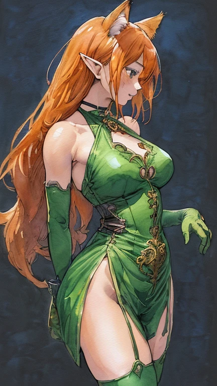 women yellow eyes. green lipstick . Minimalist makeup. long straight orange hair athletic body muscular slim big breasts. Gold 2-piece suit with plunging neckline. corner street .brothel night waning moon