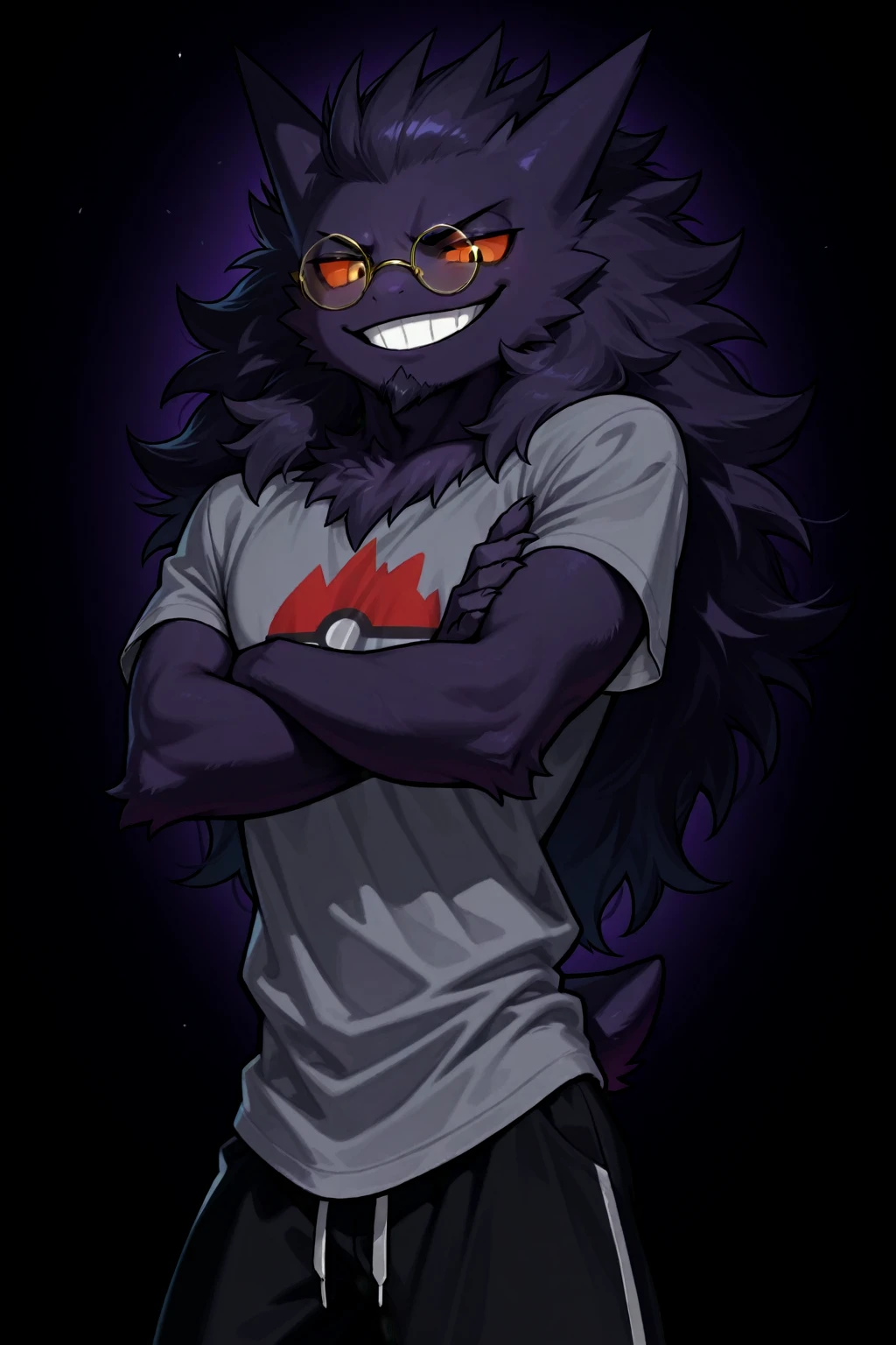 A man with a dark purple color scheme with scars covering his body medium floofy dark purple, with deer like qualities