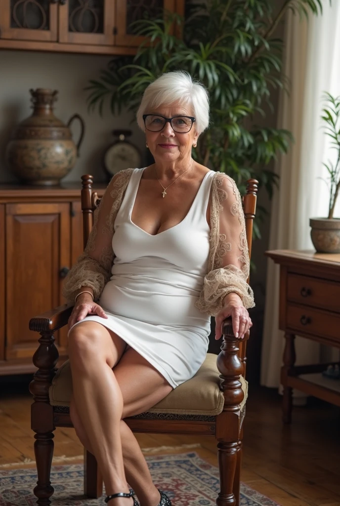 Mature old woman 80 years with silver hair, plus size, old face and body with many wrinkles, smiling, loose skin, she smiling, posing in front of the wall, sitting on the chair, She wearing tight bodycon dress, large neckline and lace stockings and glasses, jaw dropping mature older beauty, old face and body with wrinkles, legs are visible, old face, attractive grandma, a gorgeous old hair, beautiful old grandma, lovely older mature grandma, gorgeous beautiful grandma over 80 years old, beautiful silver hair grandma, beautiful detailed body and face, a beautiful old granny