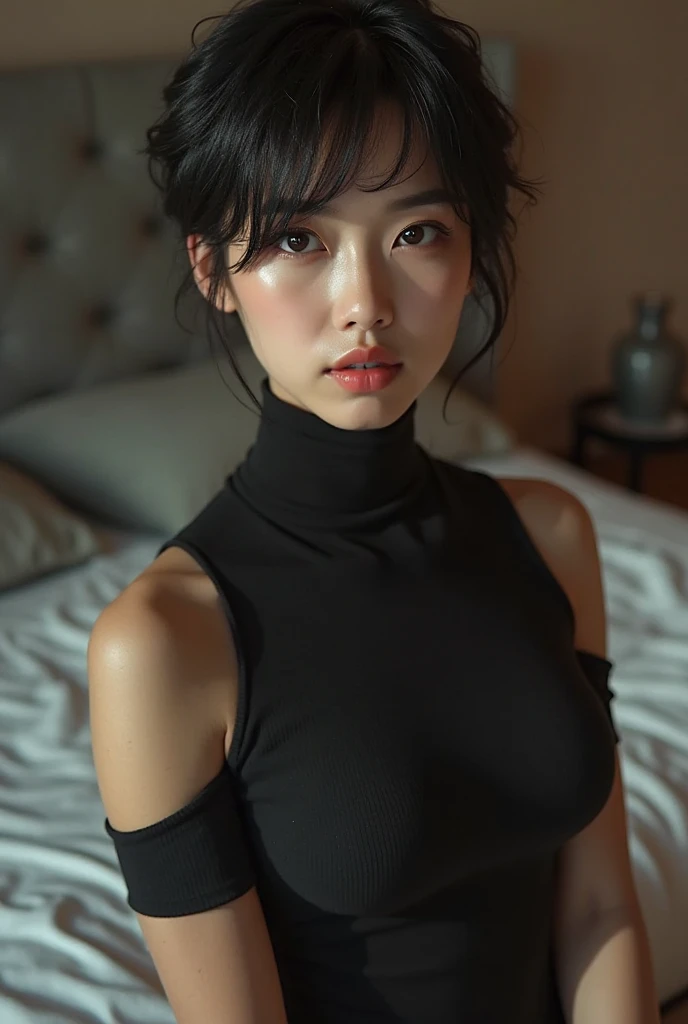 8K,RAW photogr,Best quality at best,masterpiec, TICH BUTTON DRESS,ultra detailed,detailed eyes,detailed face,carrie baby,bedroom background
